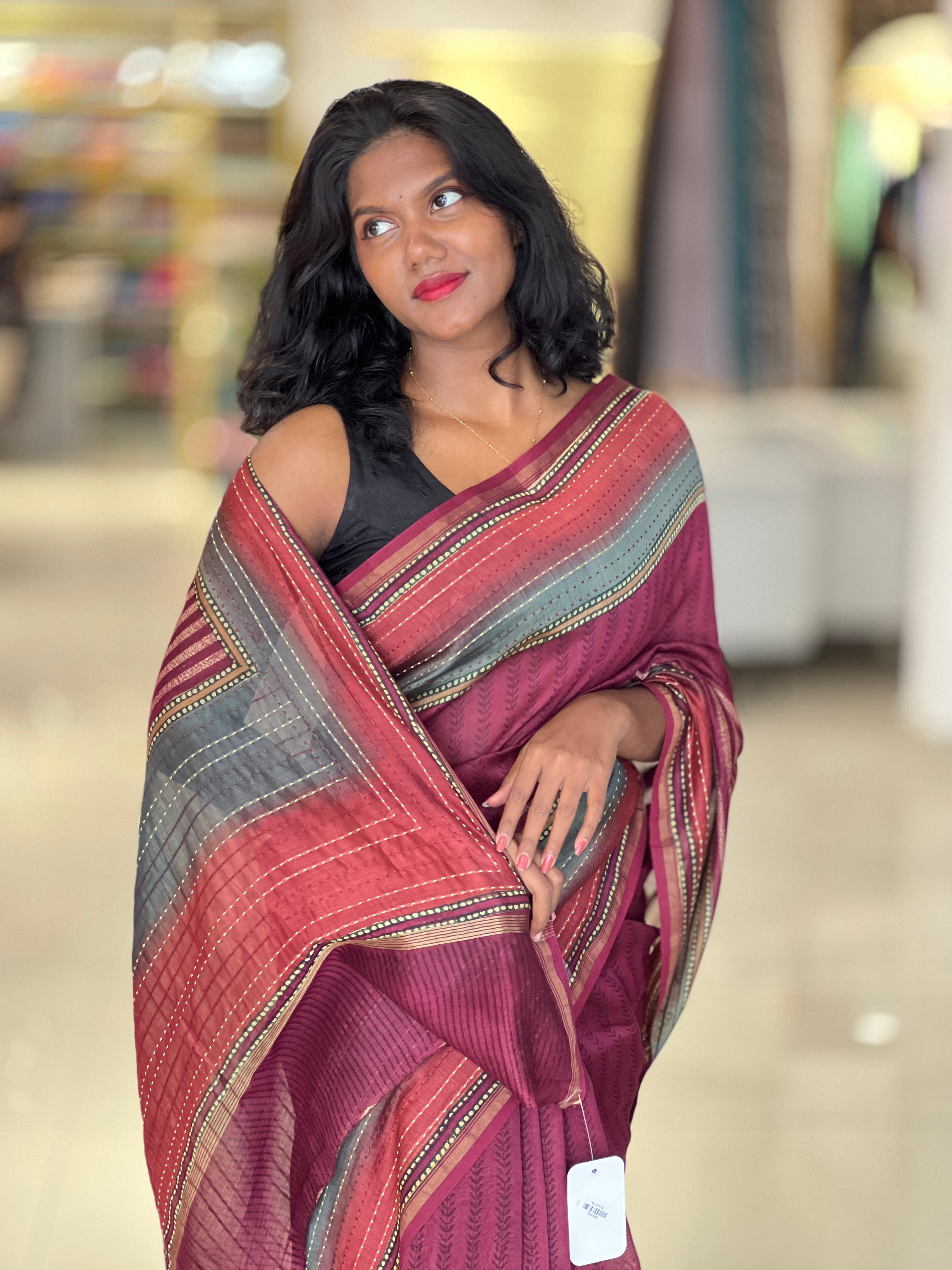 Print With Machine Kantha Border Detailed Chanderi Silk Saree | RGD456
