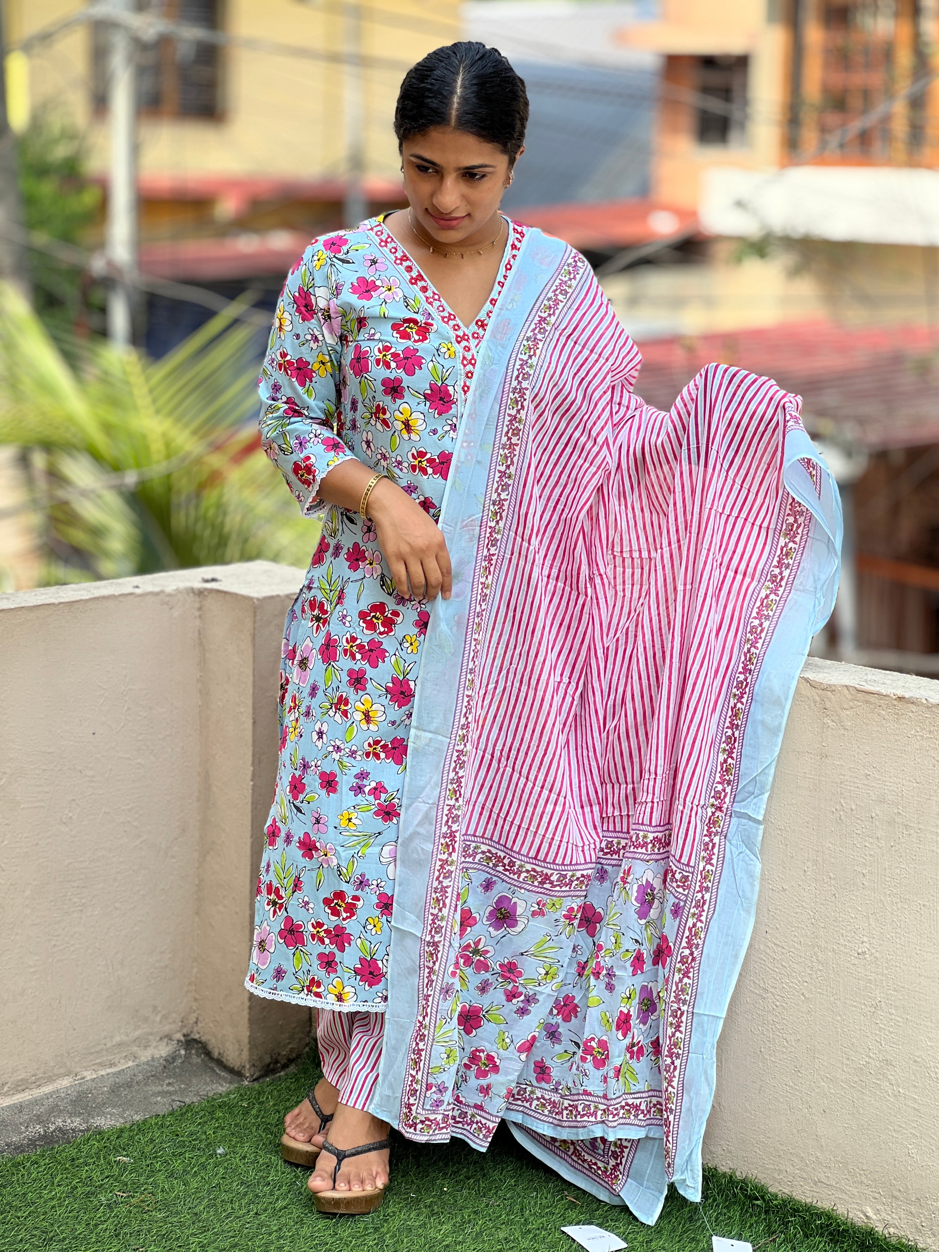 Floral Screen Print Design Cotton Kurta Set | NCF155