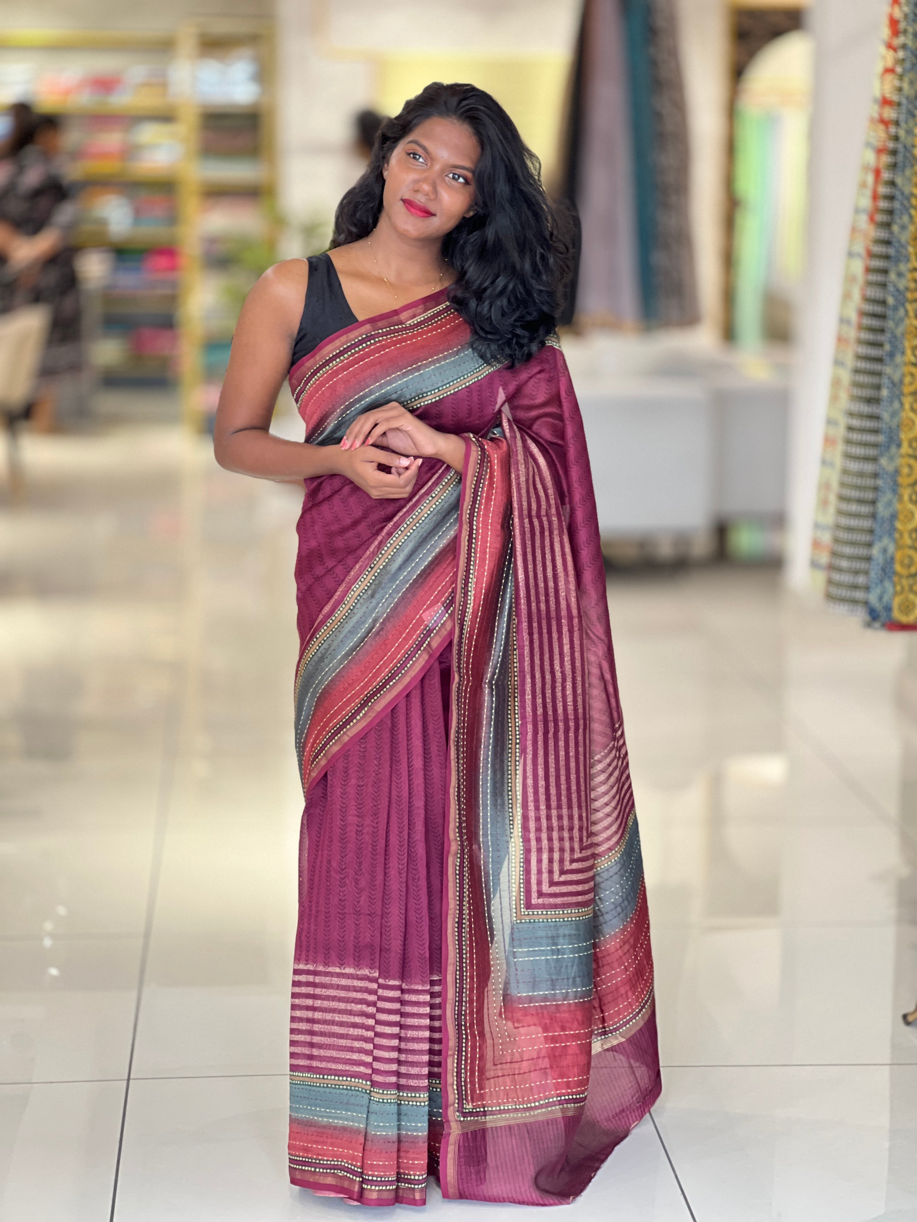 Print With Machine Kantha Border Detailed Chanderi Silk Saree | RGD456