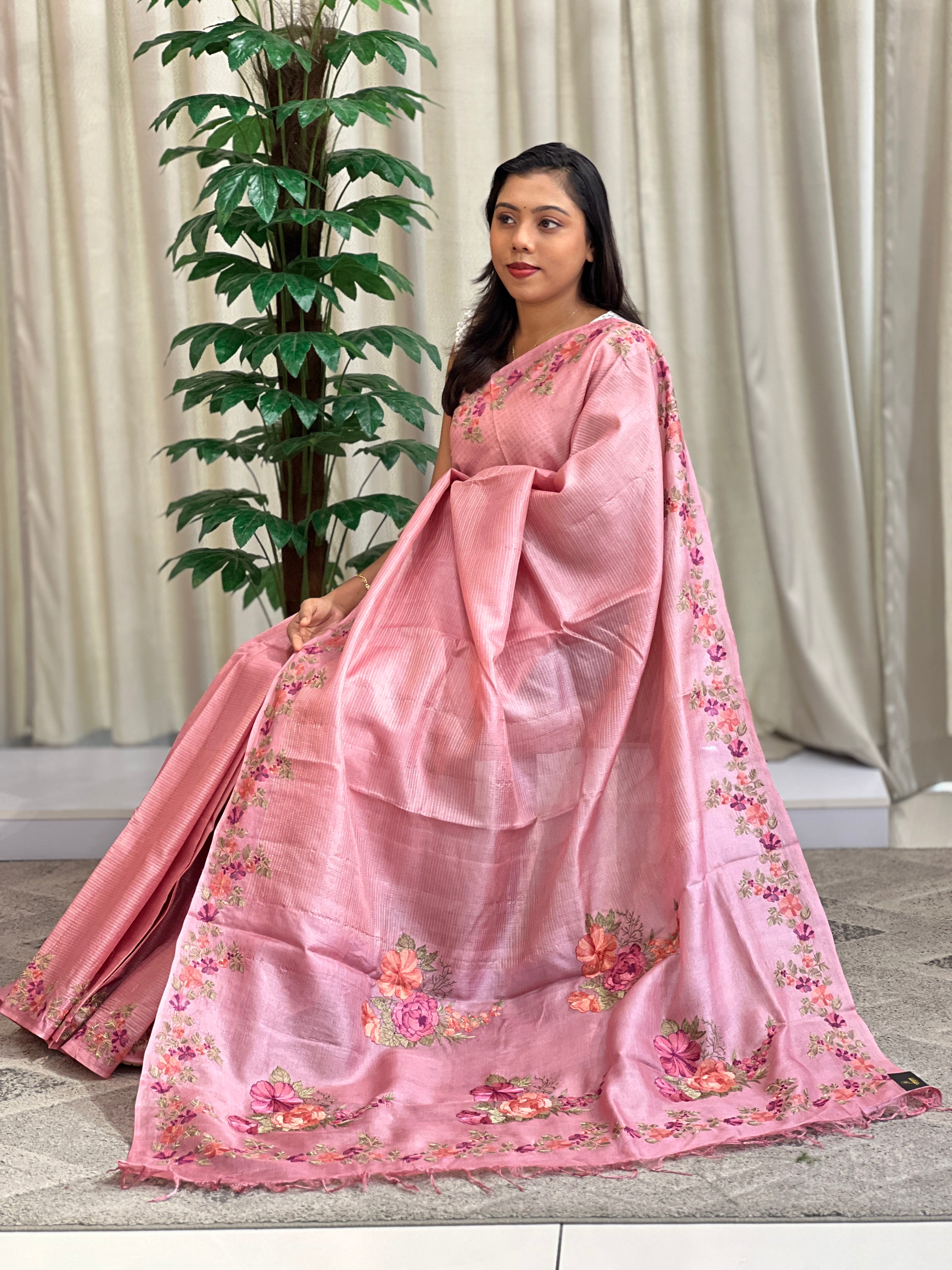 Floral Machine Embroidered Tussar Saree | YNG1608