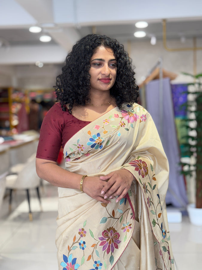 Floral Jaal Embroidered Semi Tussar Saree | SUN224