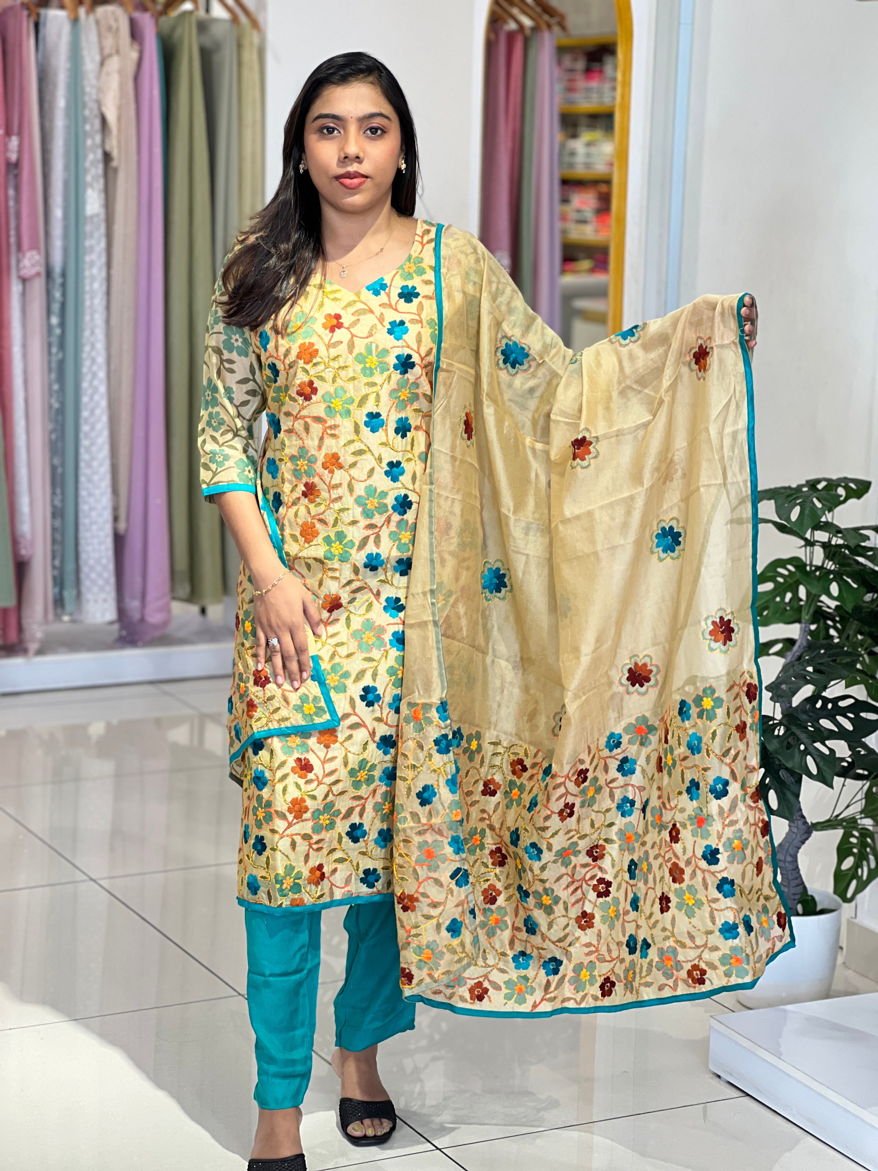 Kantha Embroidery Detailed Chanderi Kurta Set |  IHP180
