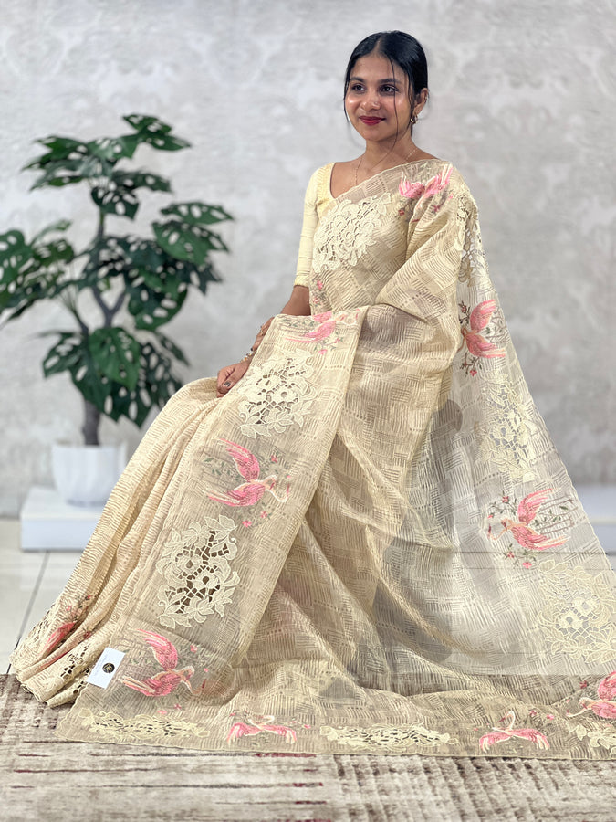 Cross Stitch Floral Embroidered Crushed Tissue Organza Saree | RGD571