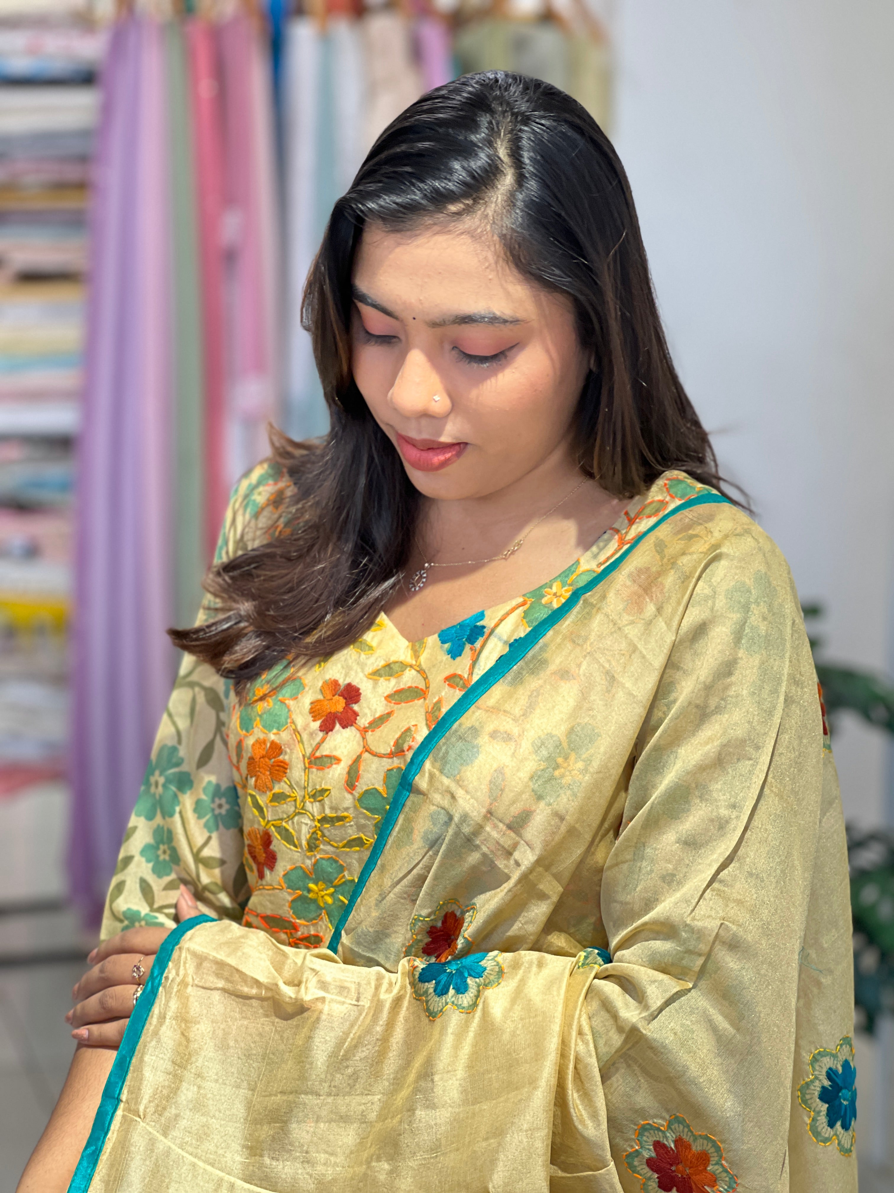 Kantha Embroidery Detailed Chanderi Kurta Set |  IHP180