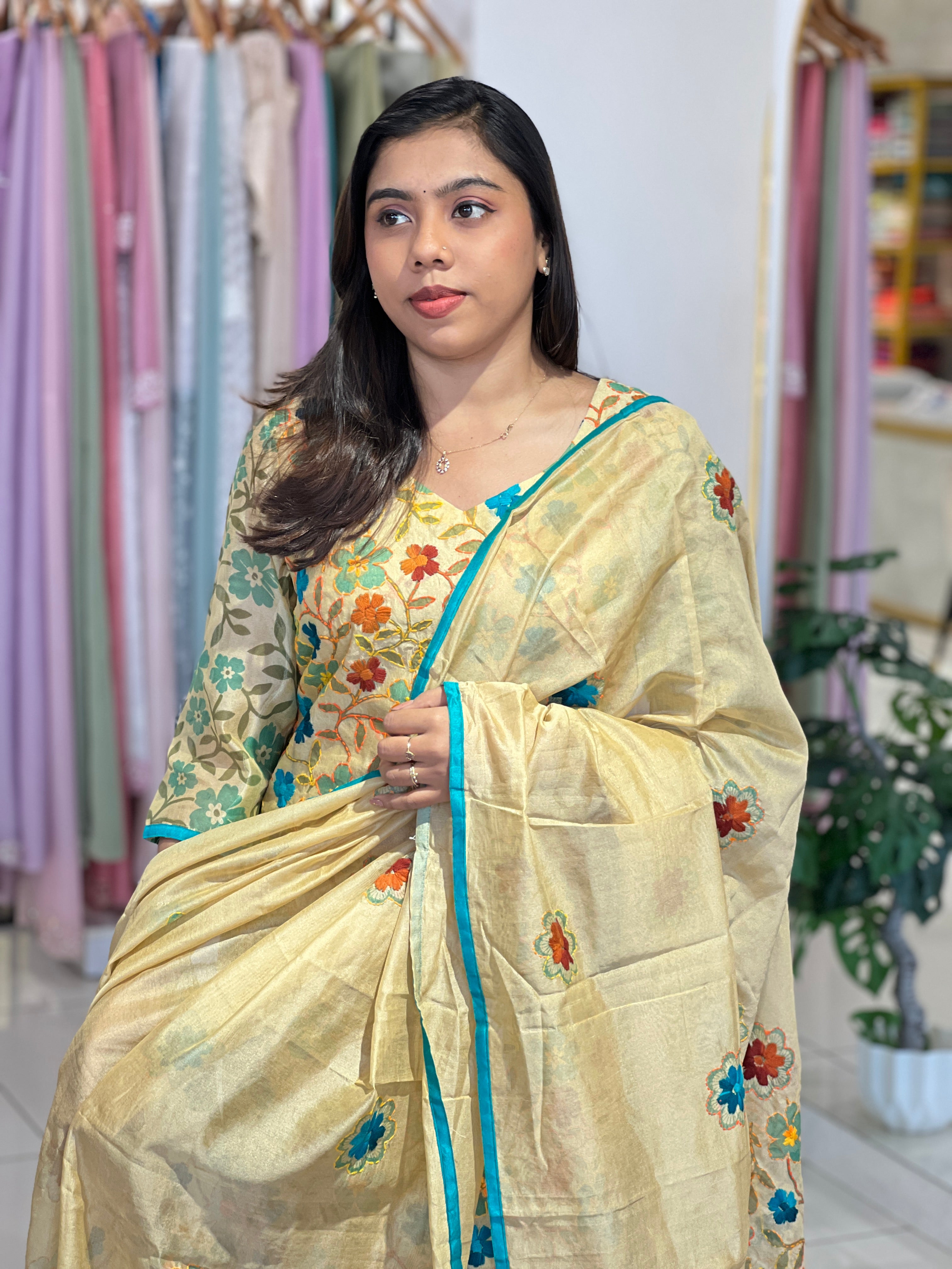 Kantha Embroidery Detailed Chanderi Kurta Set |  IHP180