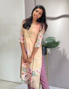 Floral Print With Embroidery Highlighted Muslin Finish Kurta | YOC121