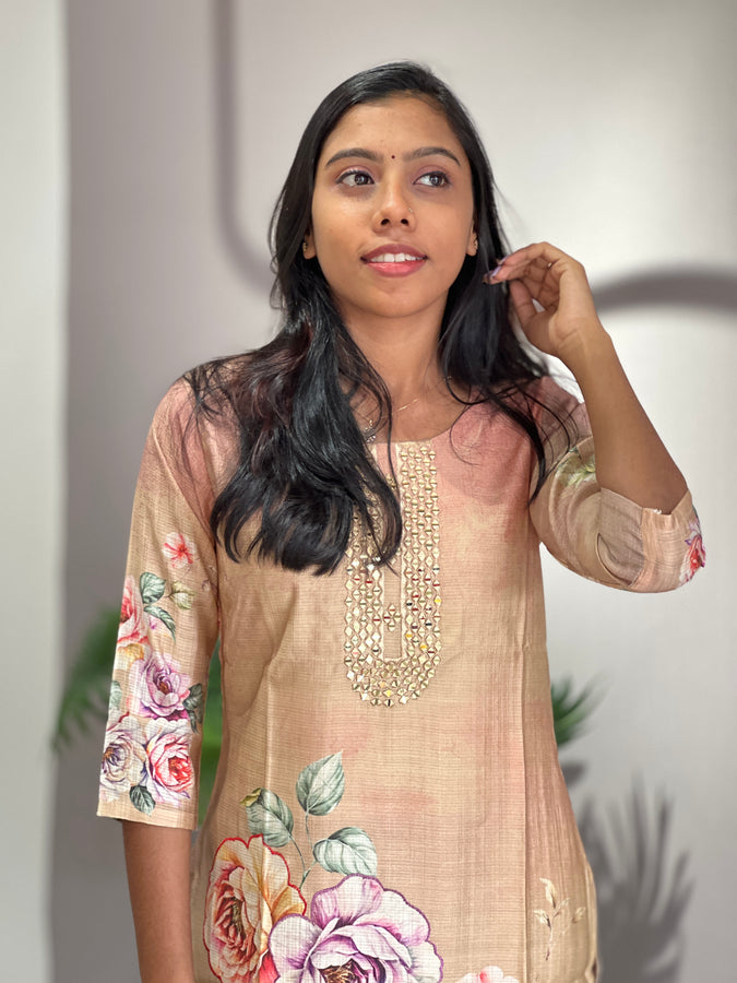 Floral Print With Embroidery Highlighted Muslin Finish Kurta | YOC121