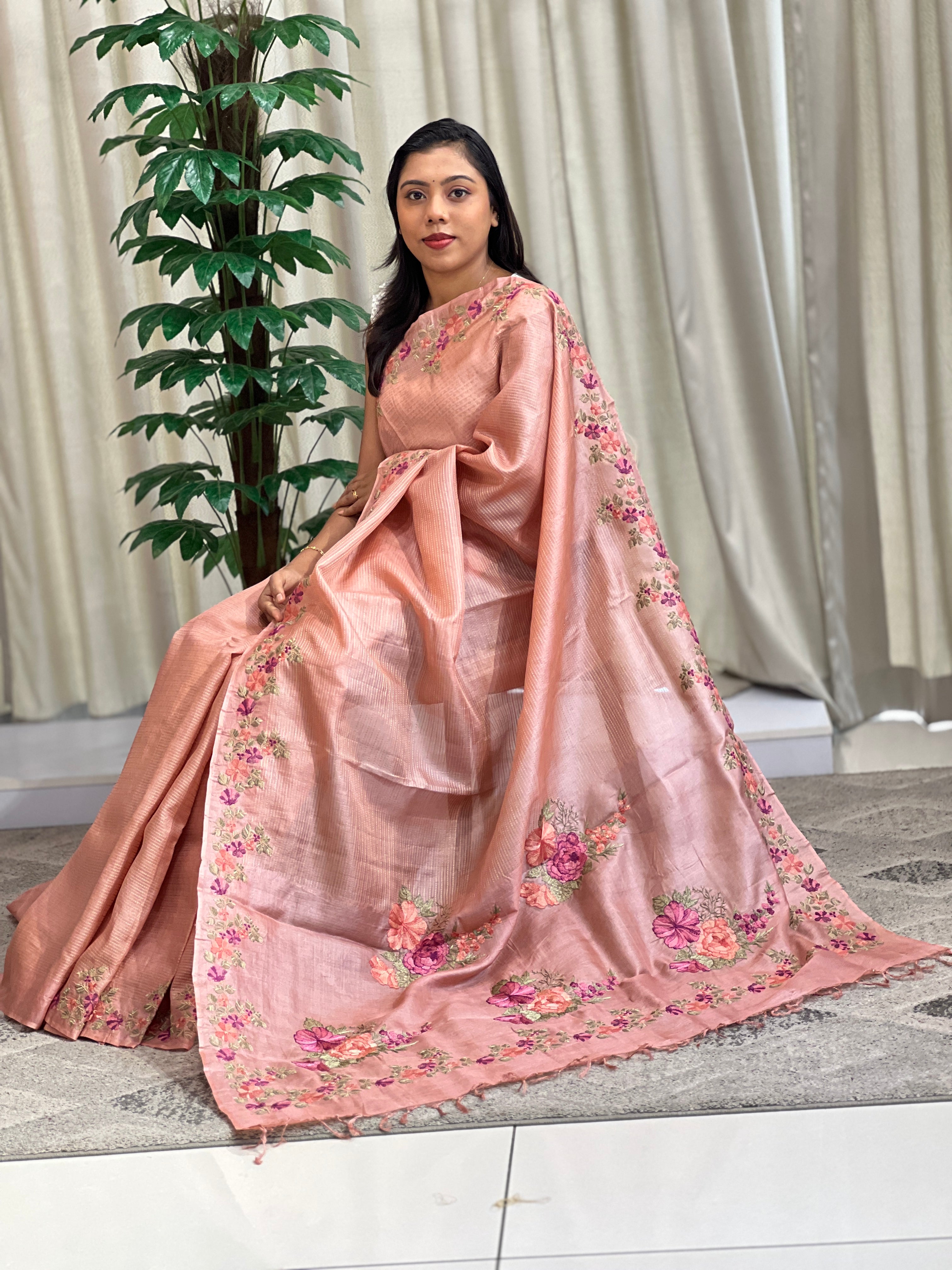 Floral Machine Embroidered Tussar Saree | YNG1610