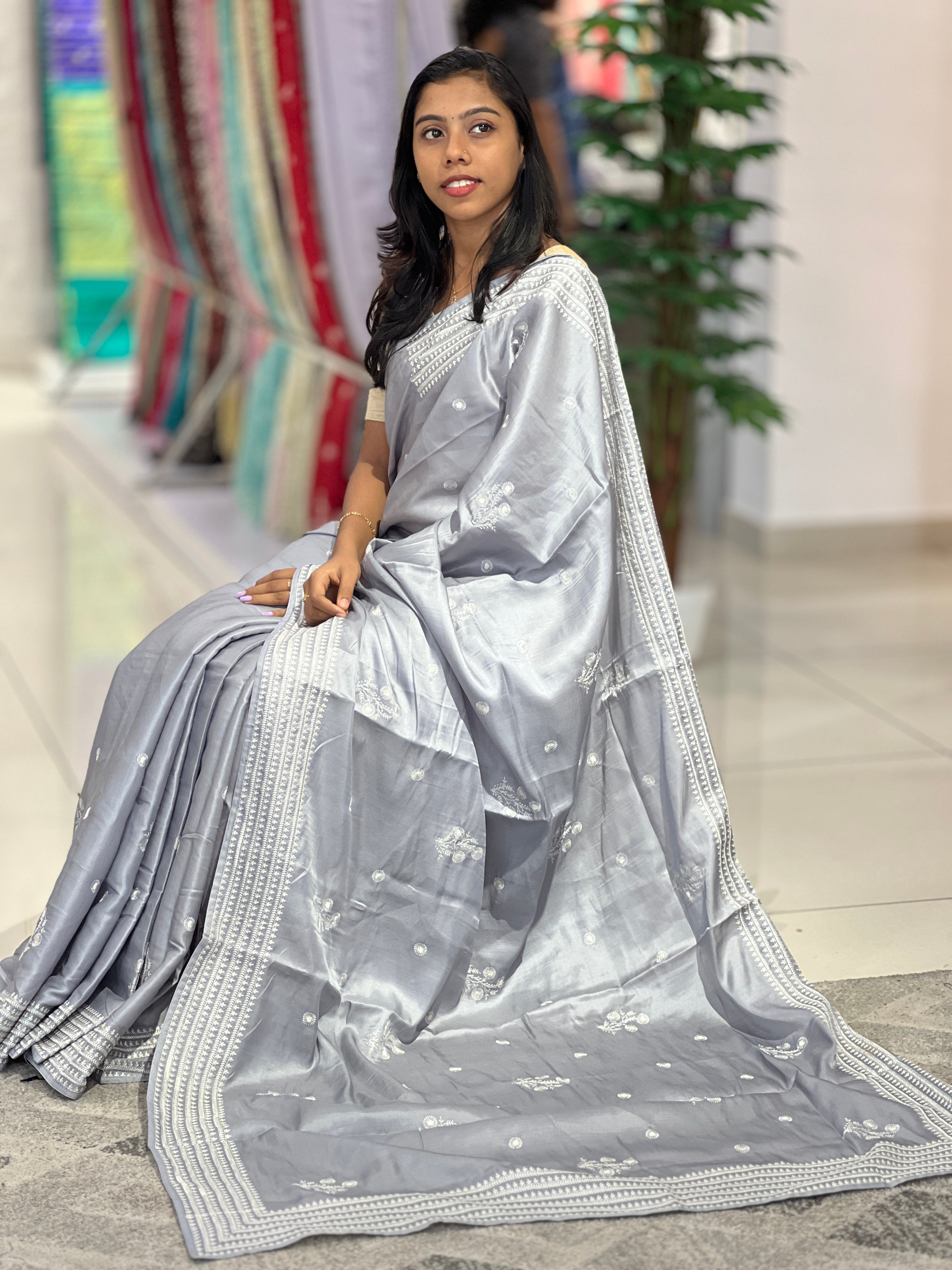 Machine Embroidery Detailed Tussar Finish Saree | SUN272