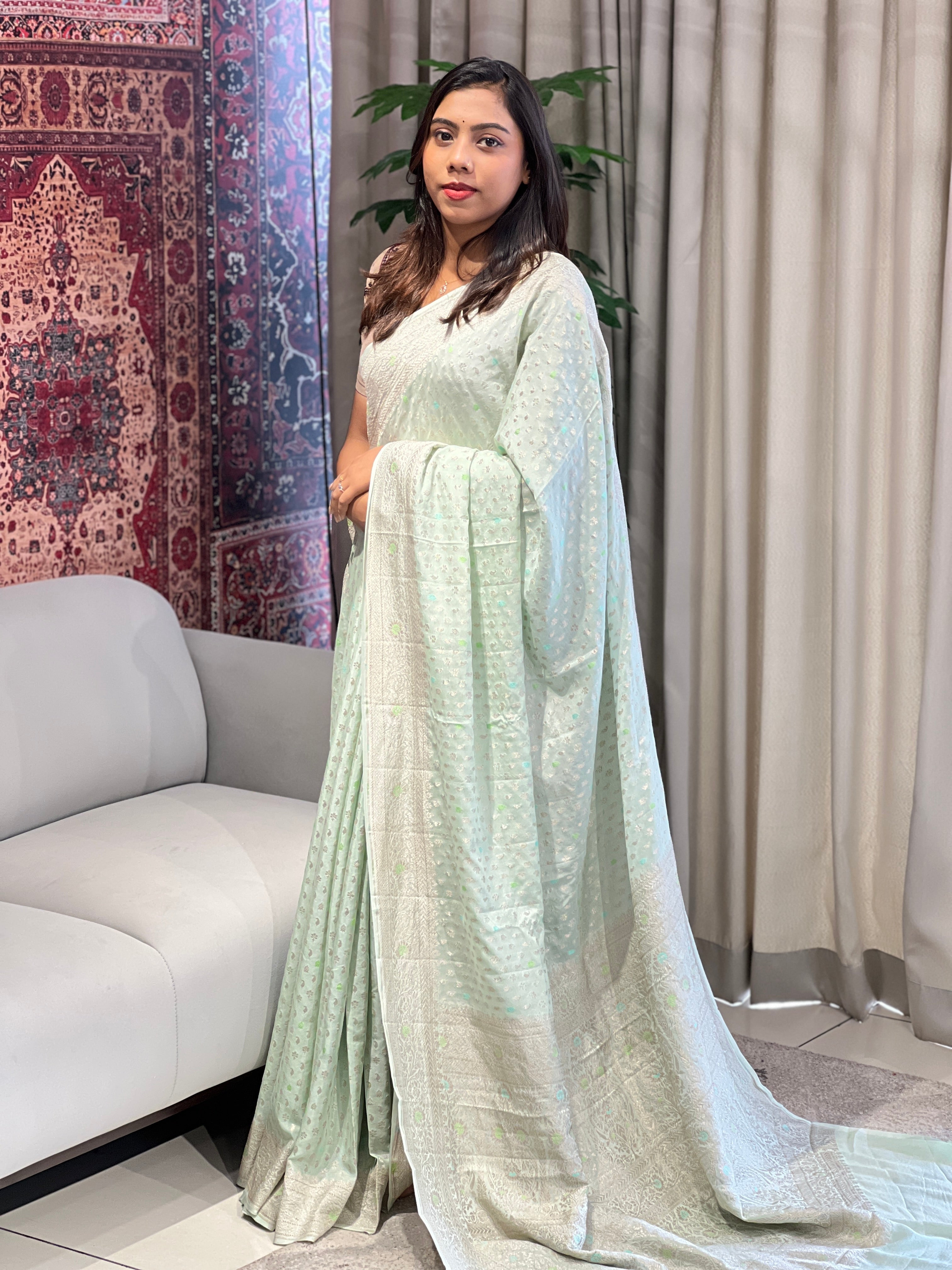 Silver Zari Woven Georgette Banarasi Saree | YNG724