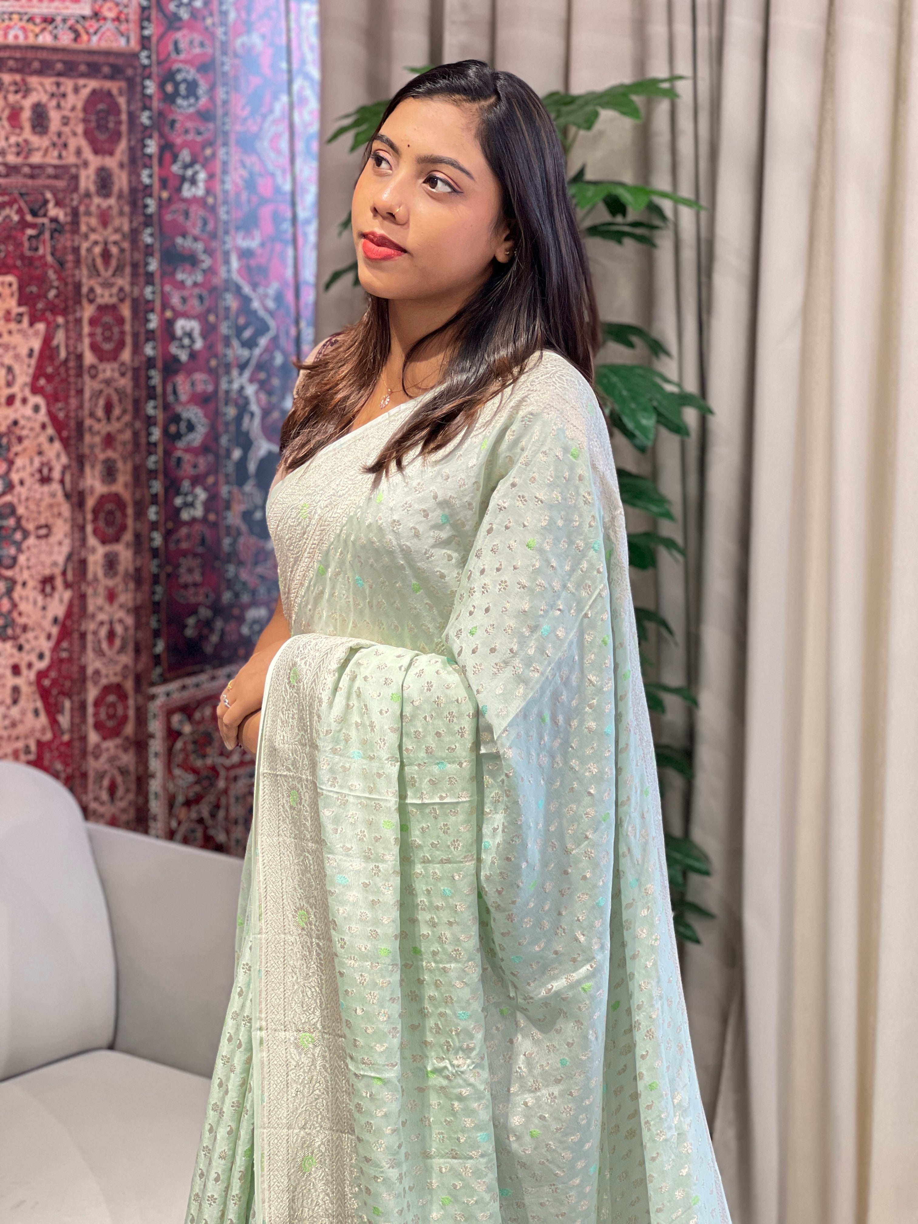 Silver Zari Woven Georgette Banarasi Saree | YNG724