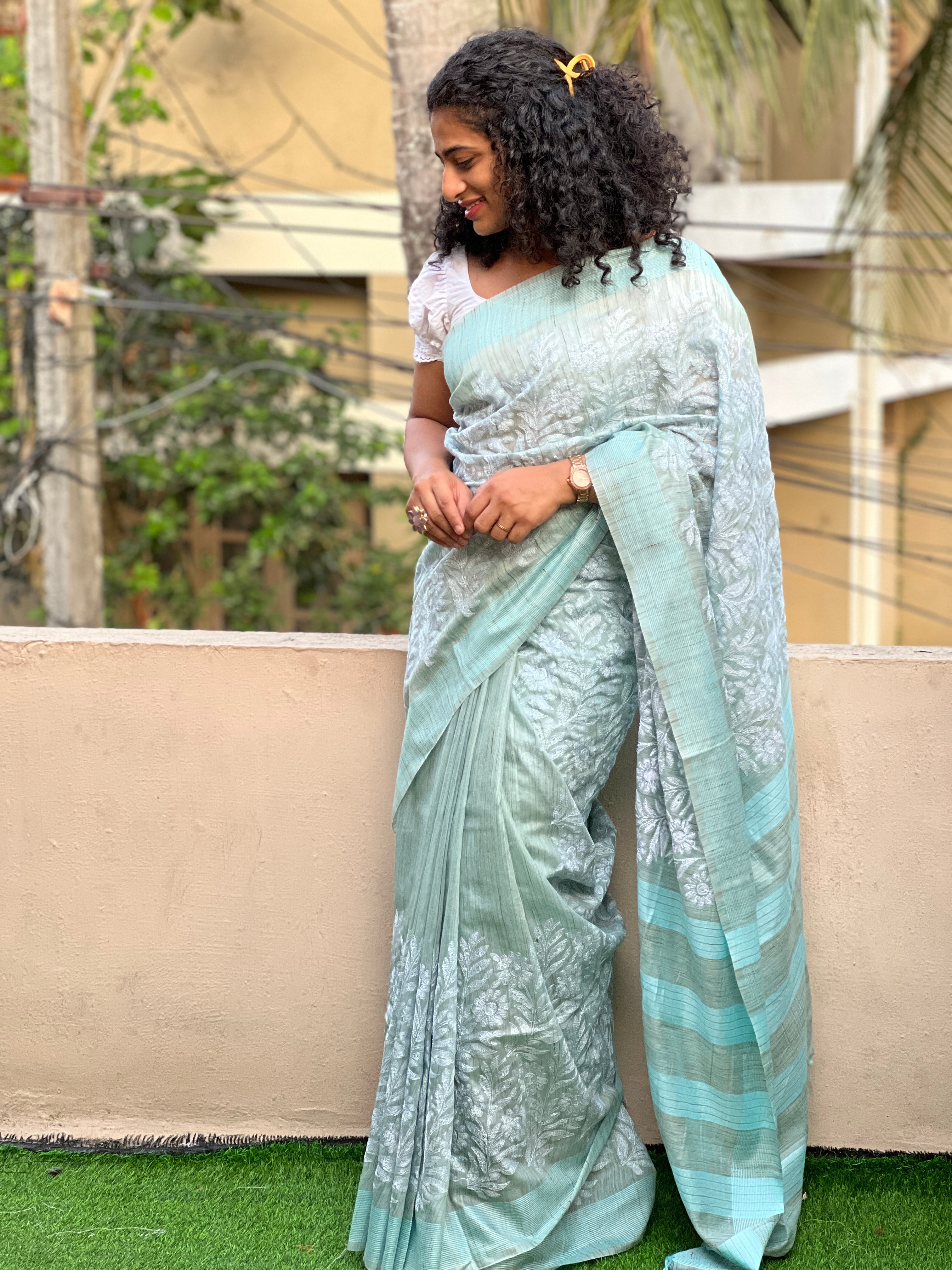 Computerized Floral Embroidery & Pallu Stripe Design Basbara Silk Saree | NHH200