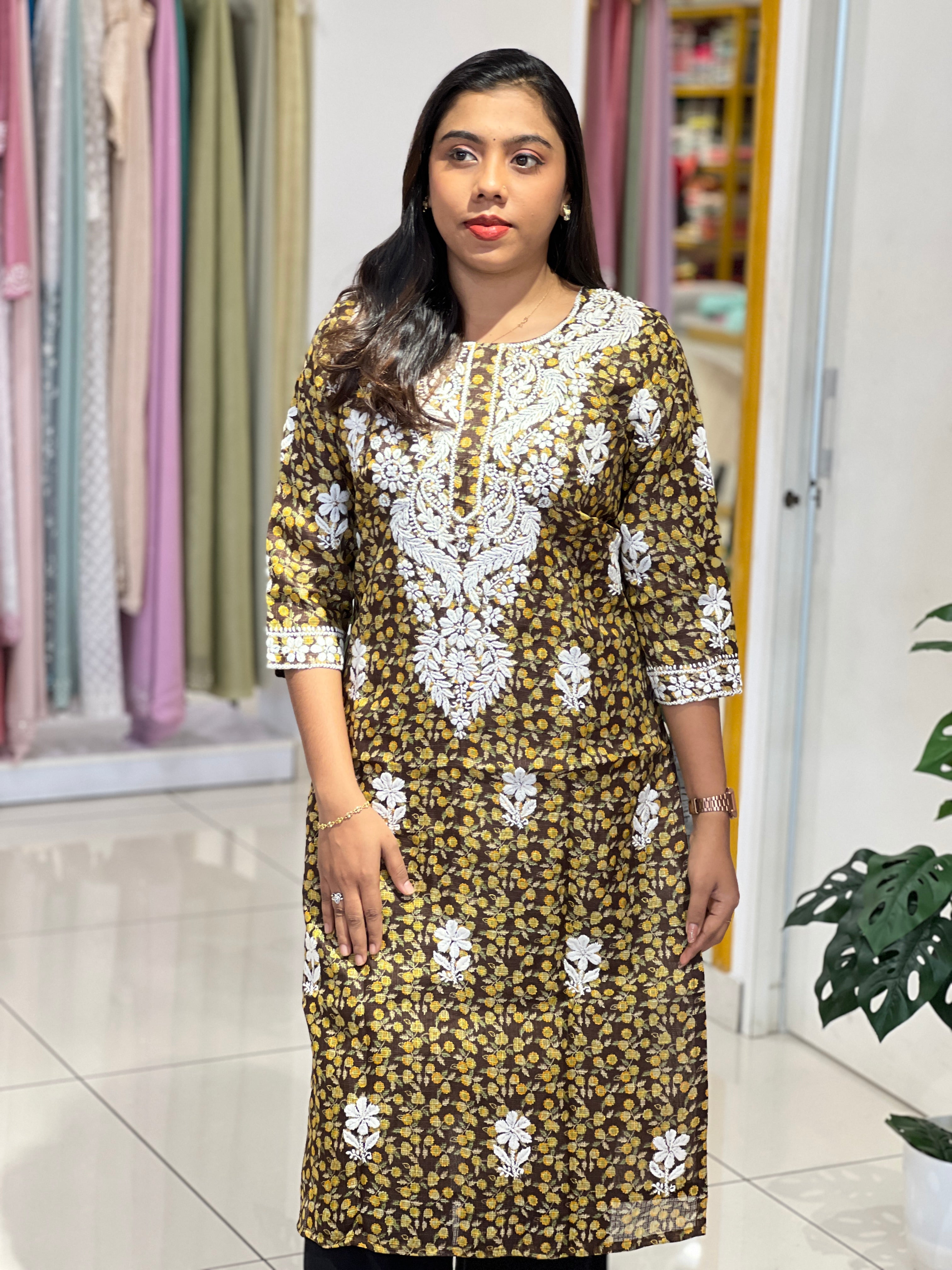 Hand Embroidered Chikankari Kota Kurta | IHP176
