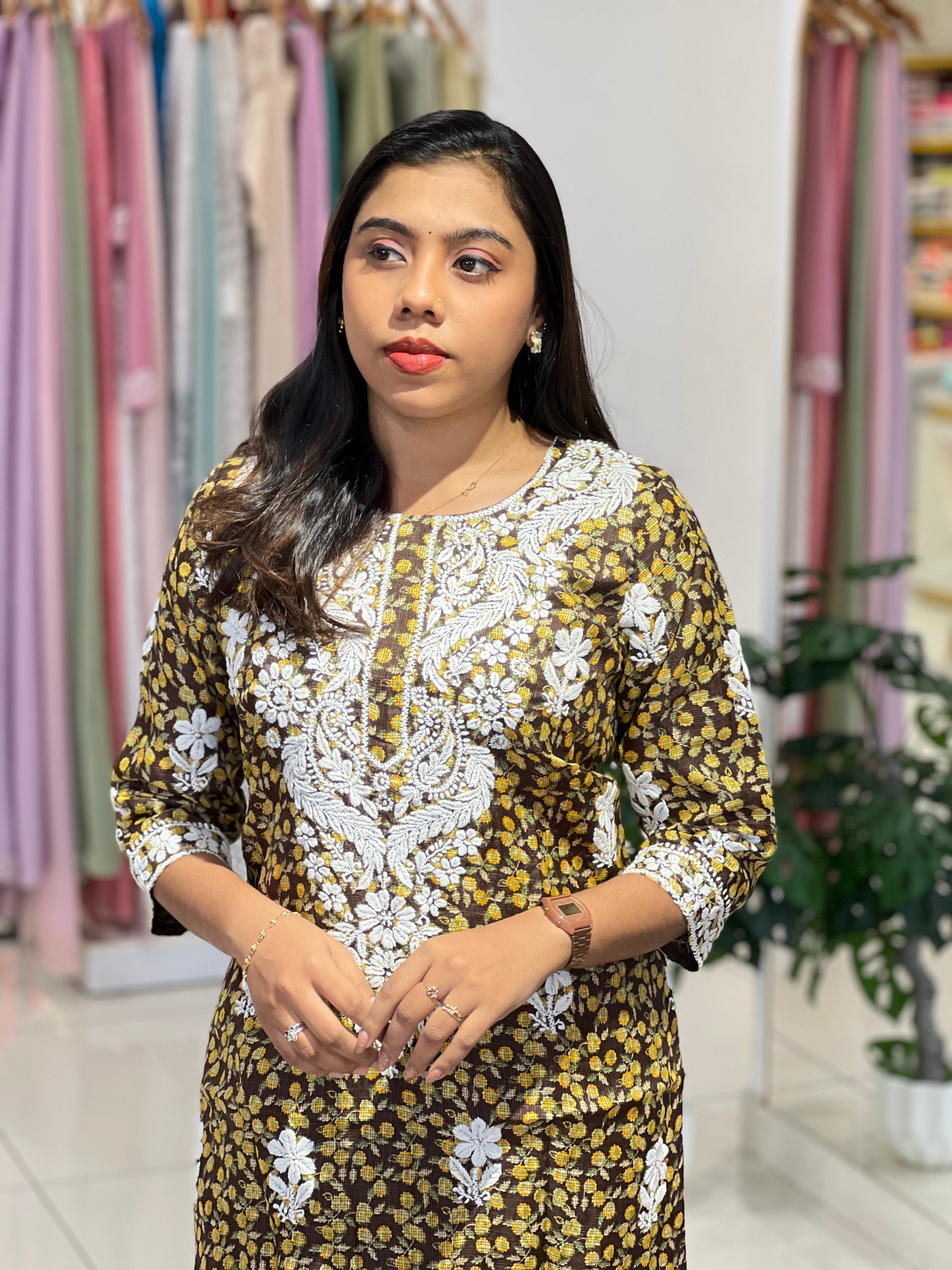 Hand Embroidered Chikankari Kota Kurta | IHP176