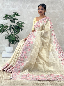 Cross Stitch Floral Embroidered Crushed Tissue Organza Saree | RGD577