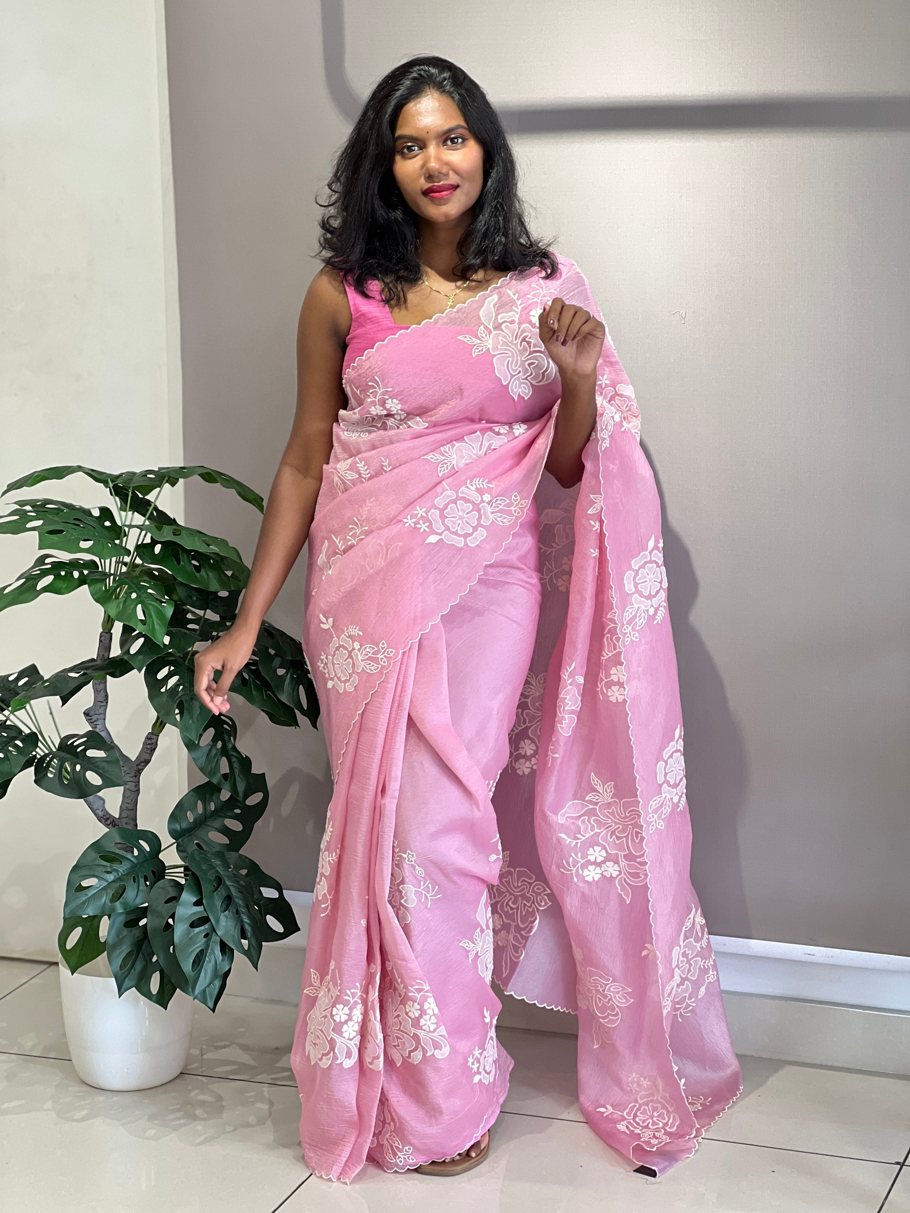 Floral Applique Detailed Crushed Shimmer Organza Saree | BLD1771