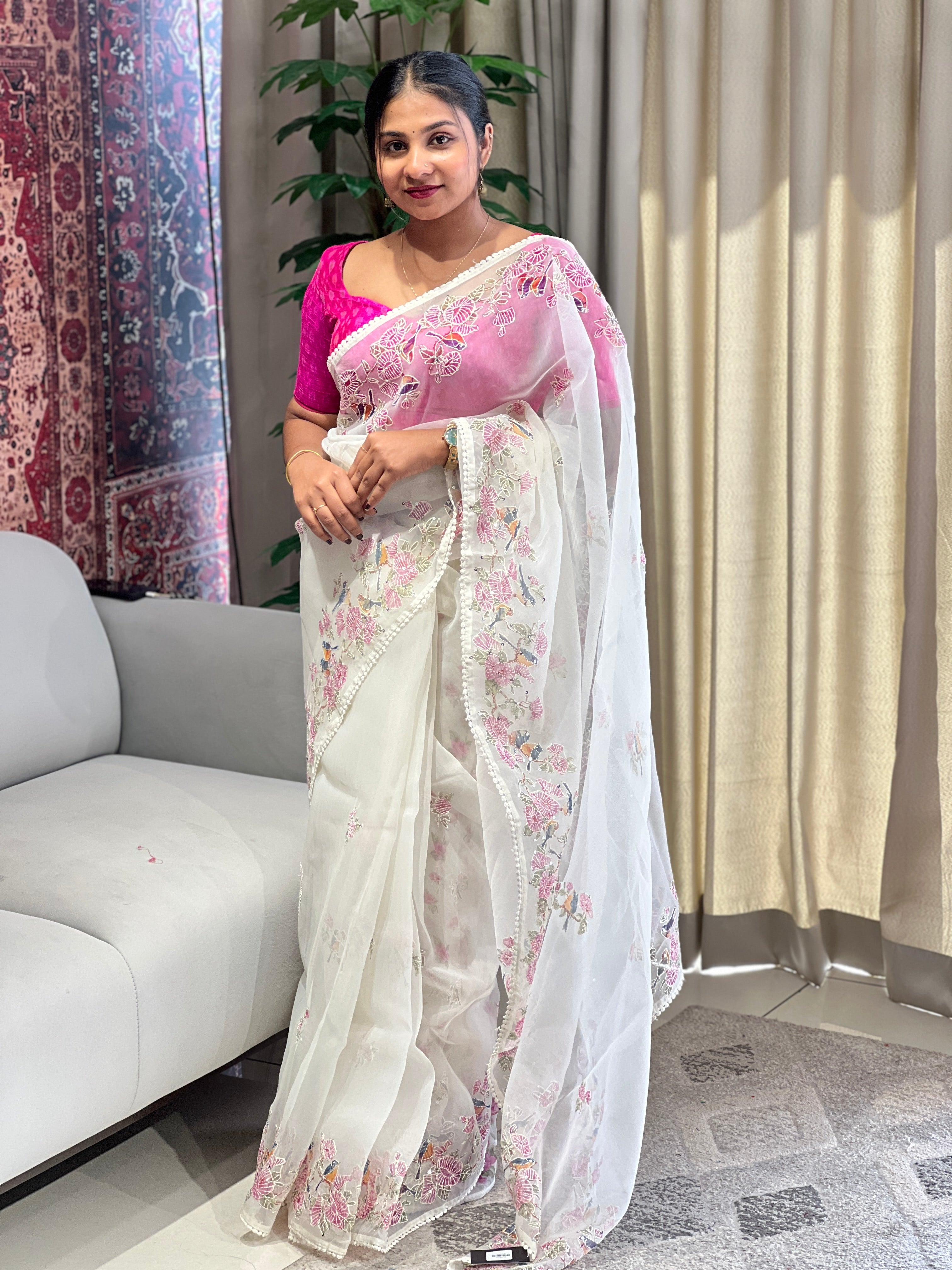 Floral and Bird Digital Printed Organza Saree | BLD1799