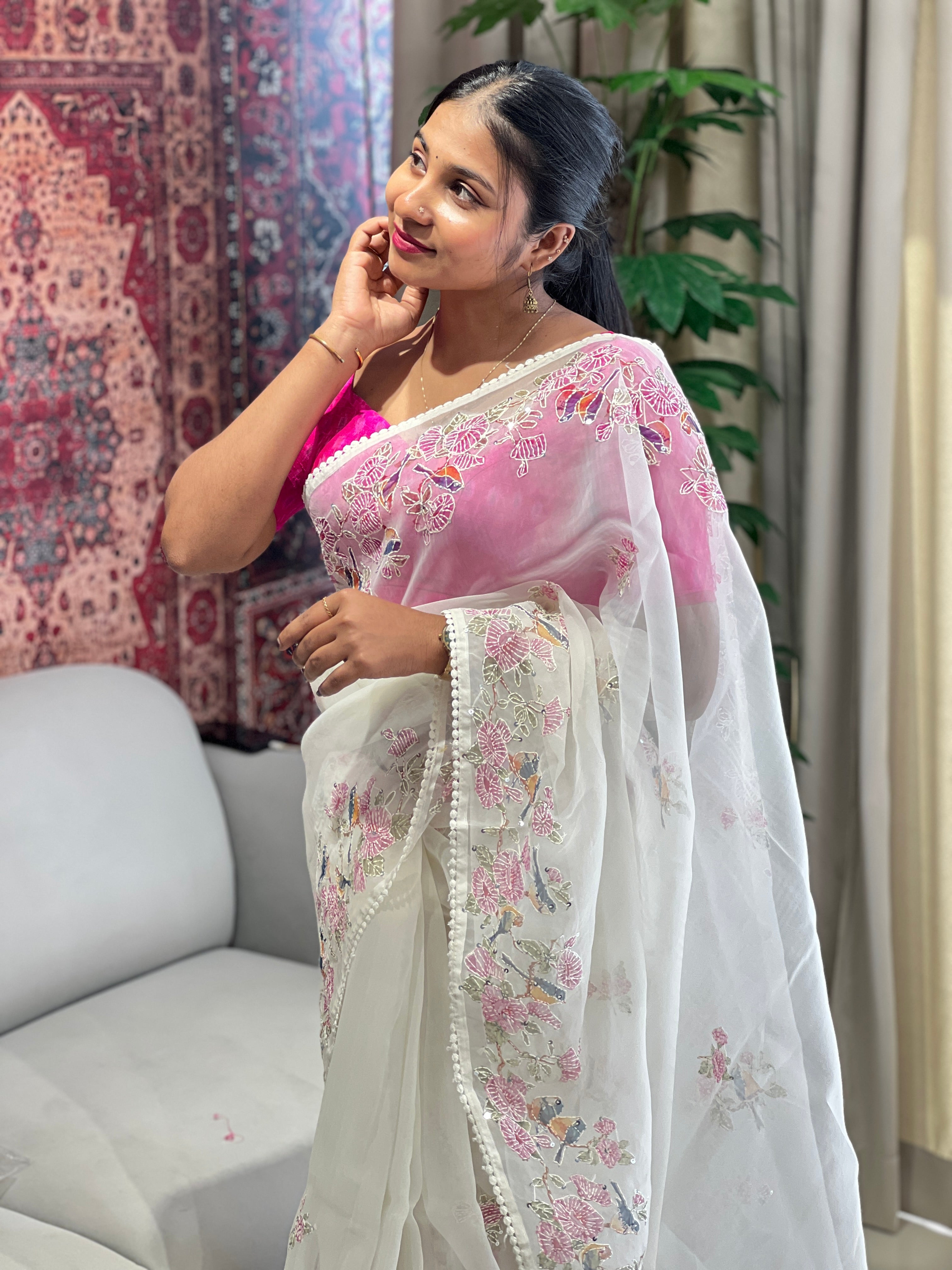 Floral and Bird Digital Printed Organza Saree | BLD1799