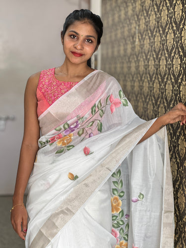 Hand Painted Silk Linen Finish Saree | BLD368