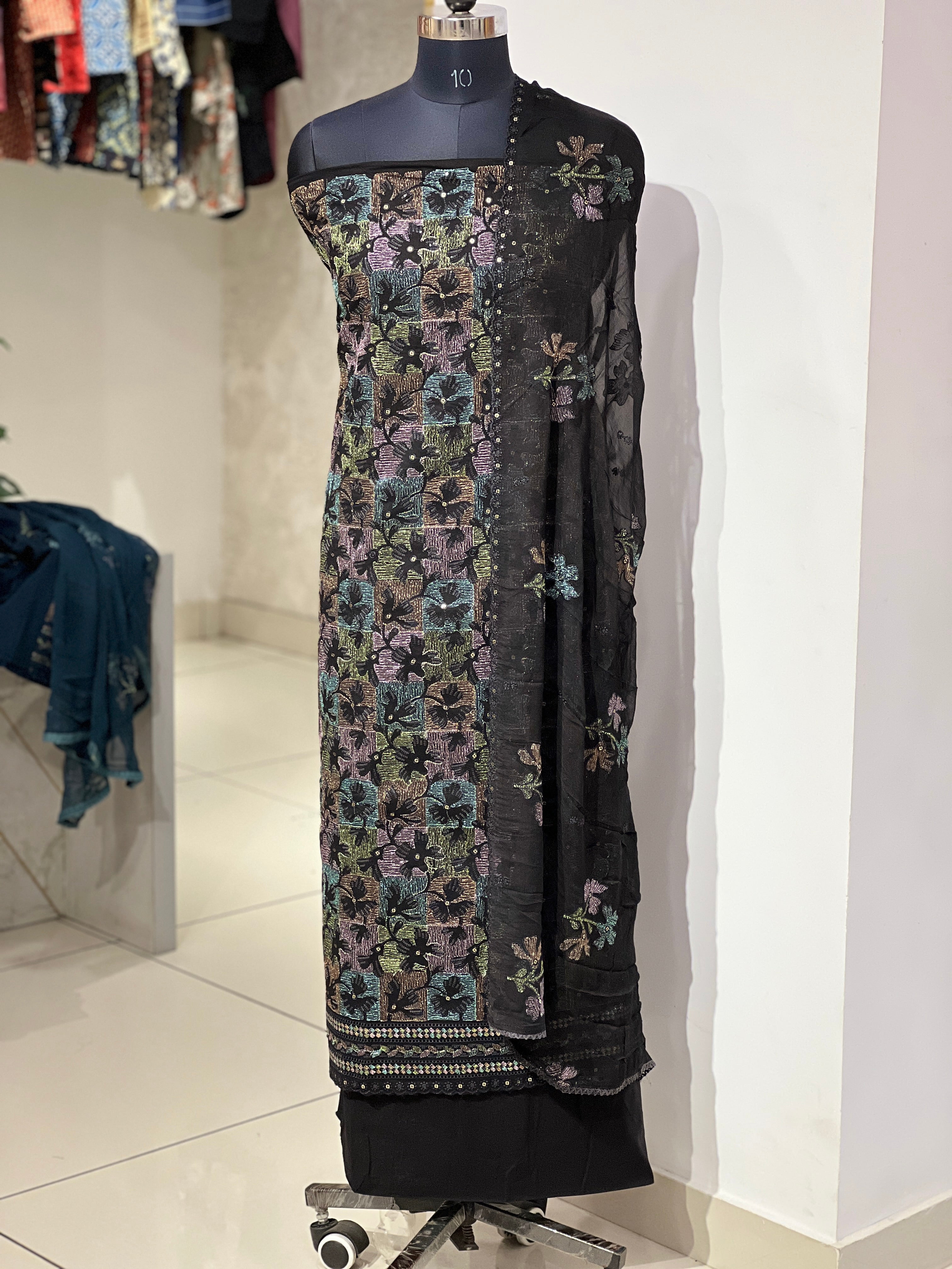 Multi-Colour Zari Embroidery Detailed Cambric Cotton Salwar Set | GE140