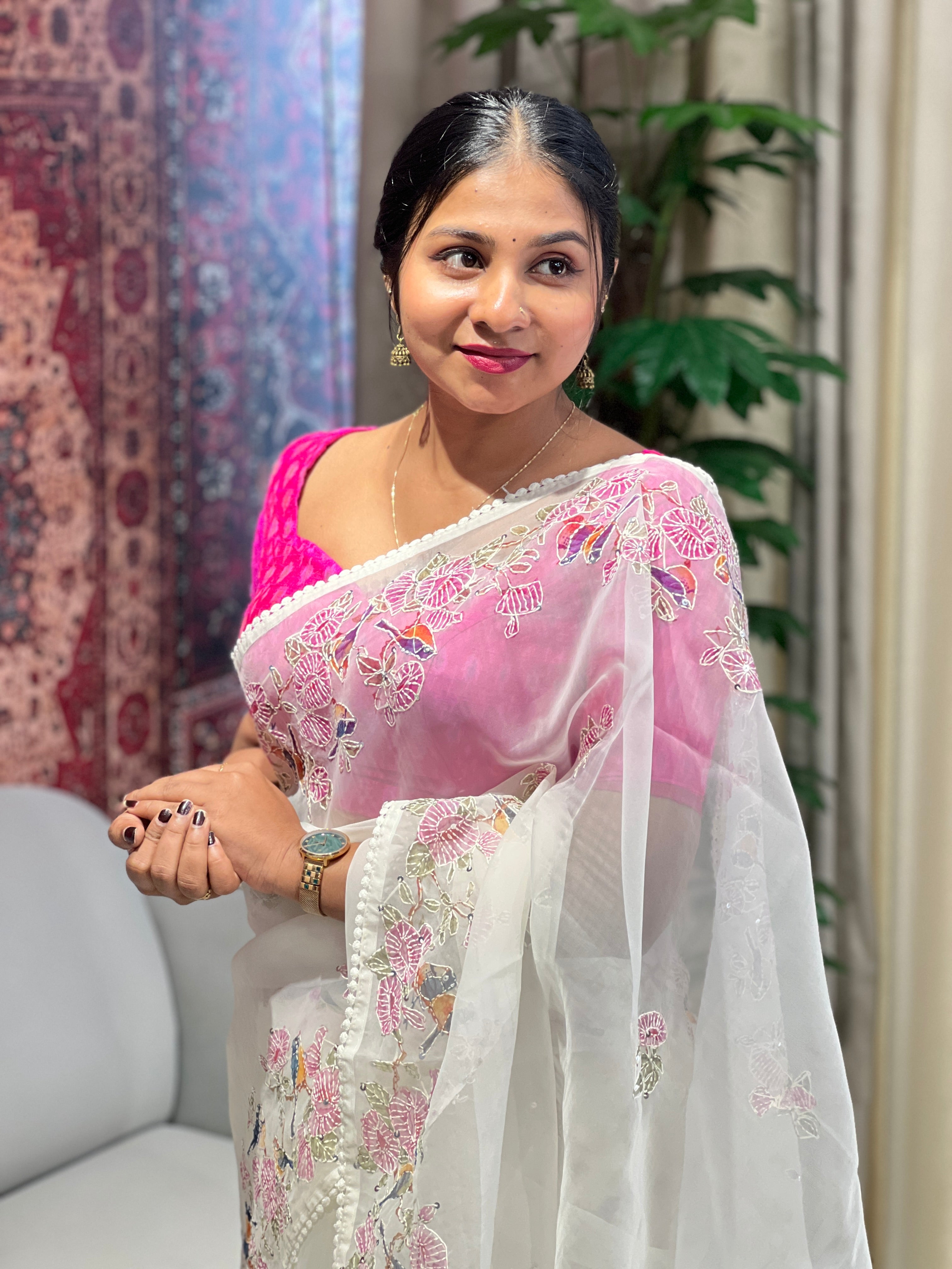 Floral and Bird Digital Printed Organza Saree | BLD1799