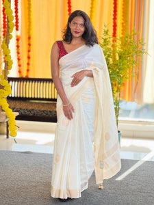 Golden Zari Weaved Polka Dot Patterned Chanderi Saree | HT235