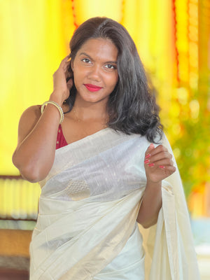 Golden Zari Weaved Polka Dot Patterned Chanderi Saree | HT235