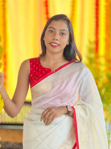 Kasavu Border with Red Kara Detailed Chanderi Saree | HT233