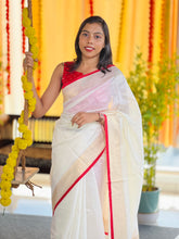 Kasavu Border with Red Kara Detailed Chanderi Saree | HT233
