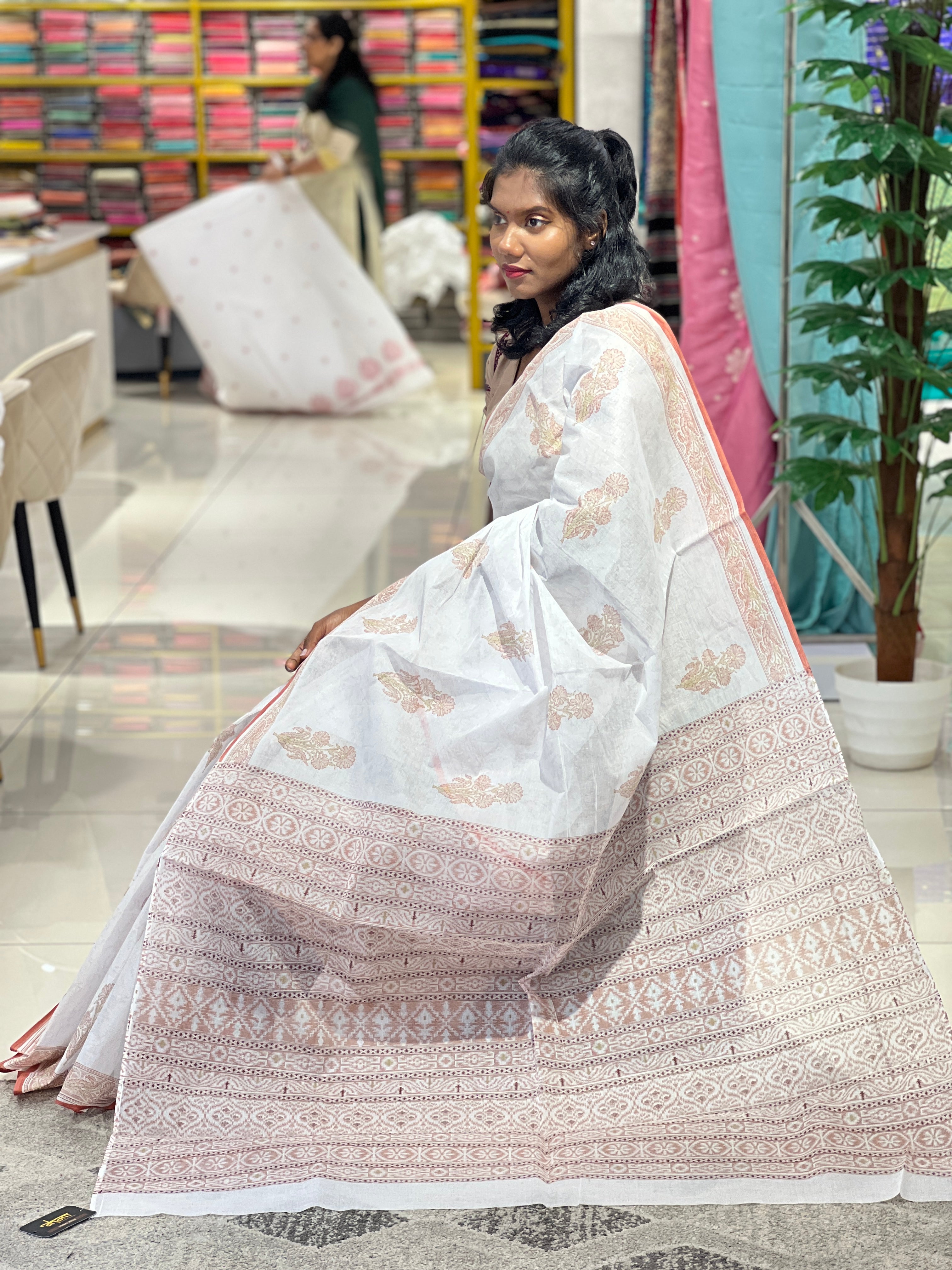 Block Printed Floral Patterned Organdy Saree | VNC145