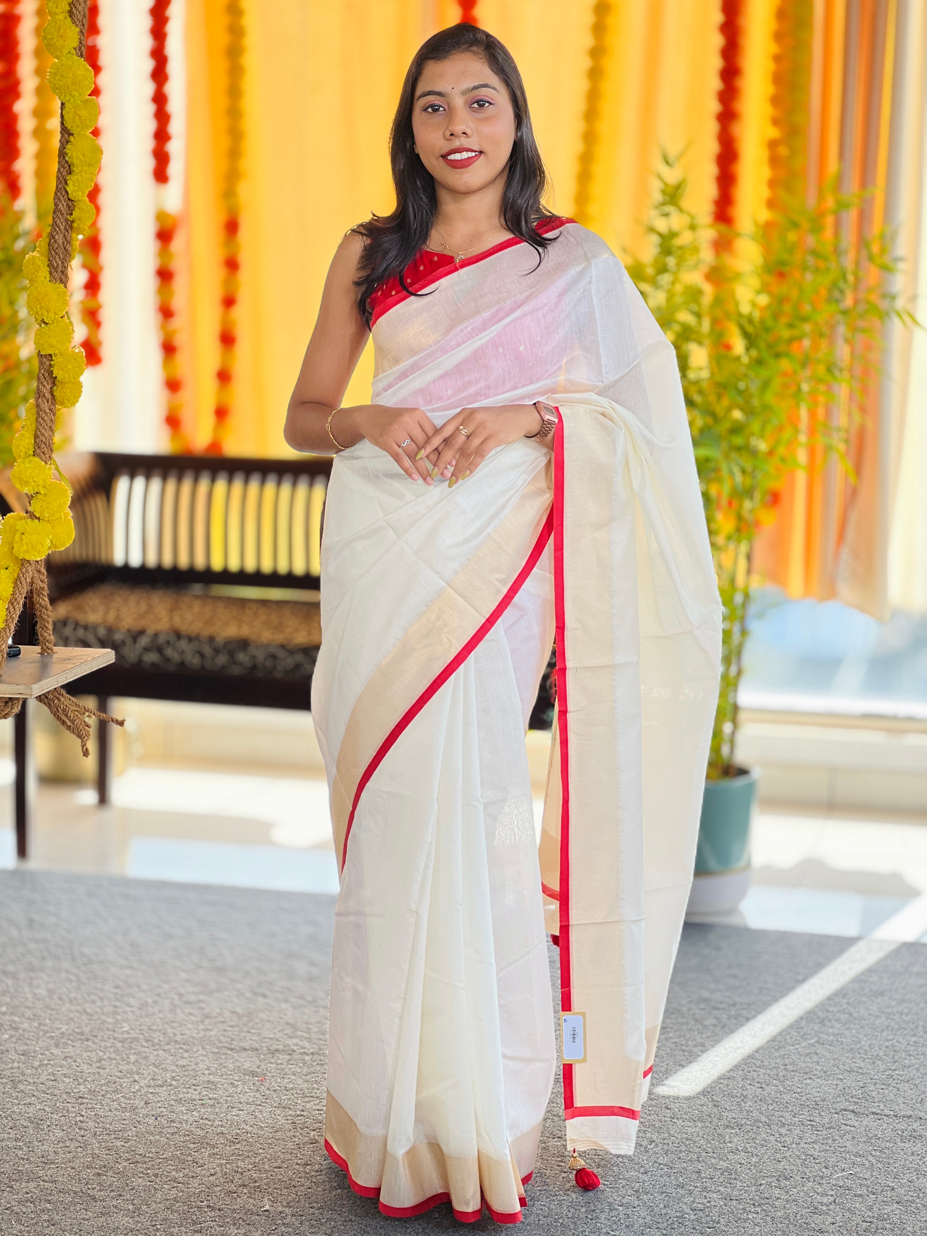 Kasavu Border with Red Kara Detailed Chanderi Saree | HT233
