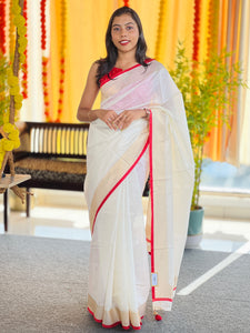 Kasavu Border with Red Kara Detailed Chanderi Saree | HT233