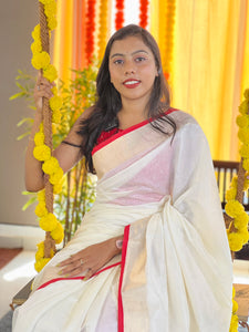 Kasavu Border with Red Kara Detailed Chanderi Saree | HT233