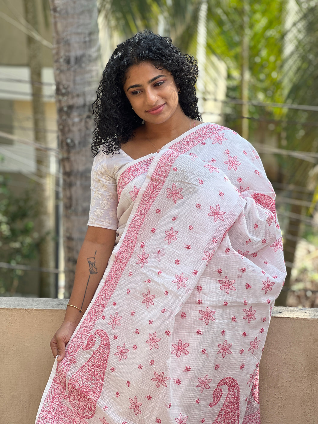 Traditional Chikankari Hand Embroidery Pattern Check Kota Saree | TOT117