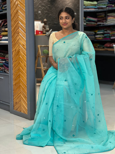 Teal blue color Embroidered Semi Organza Saree | JY101