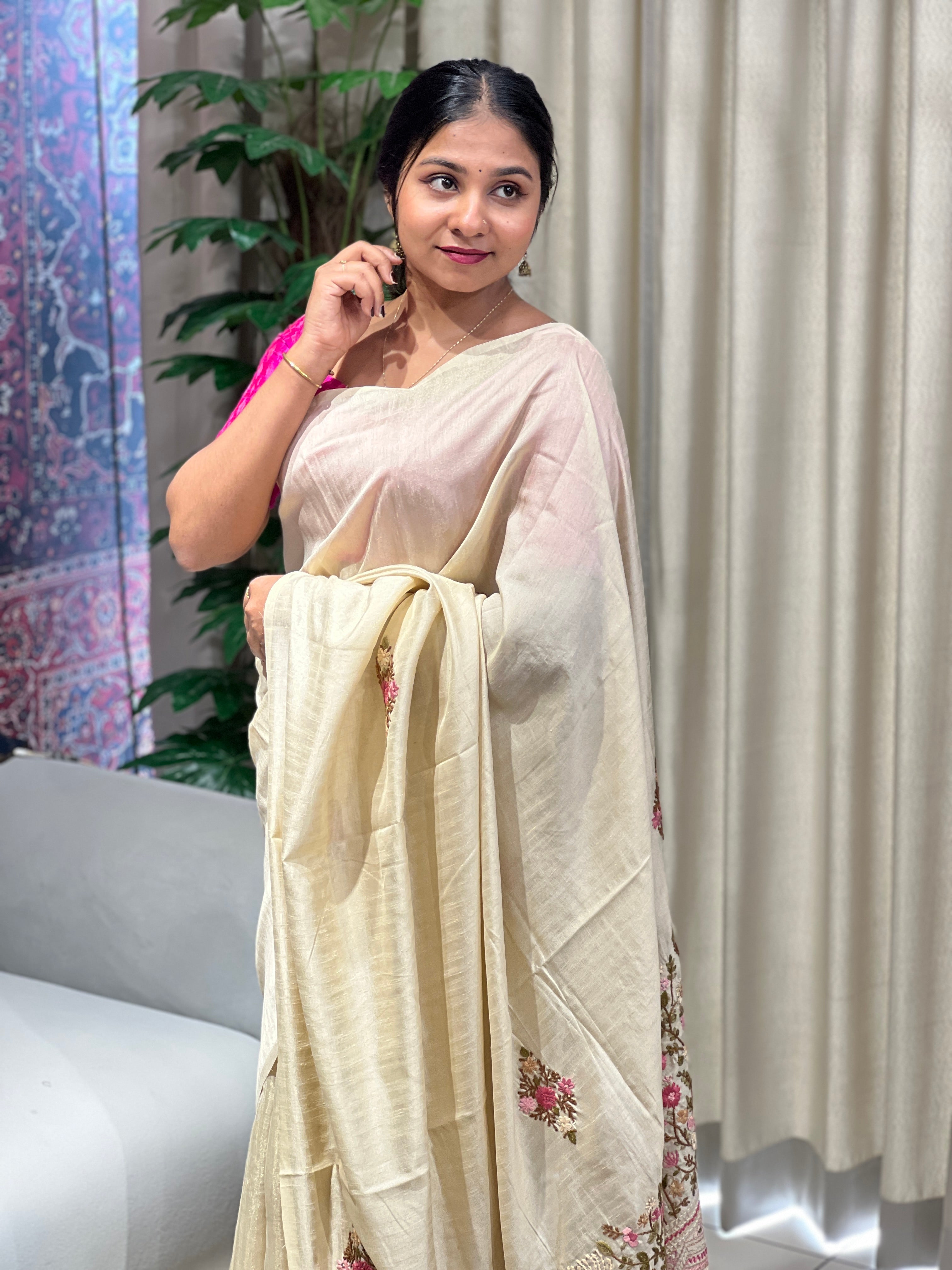 Floral Hand Embroidery Detailed Semi Tussar Saree | BLD1780