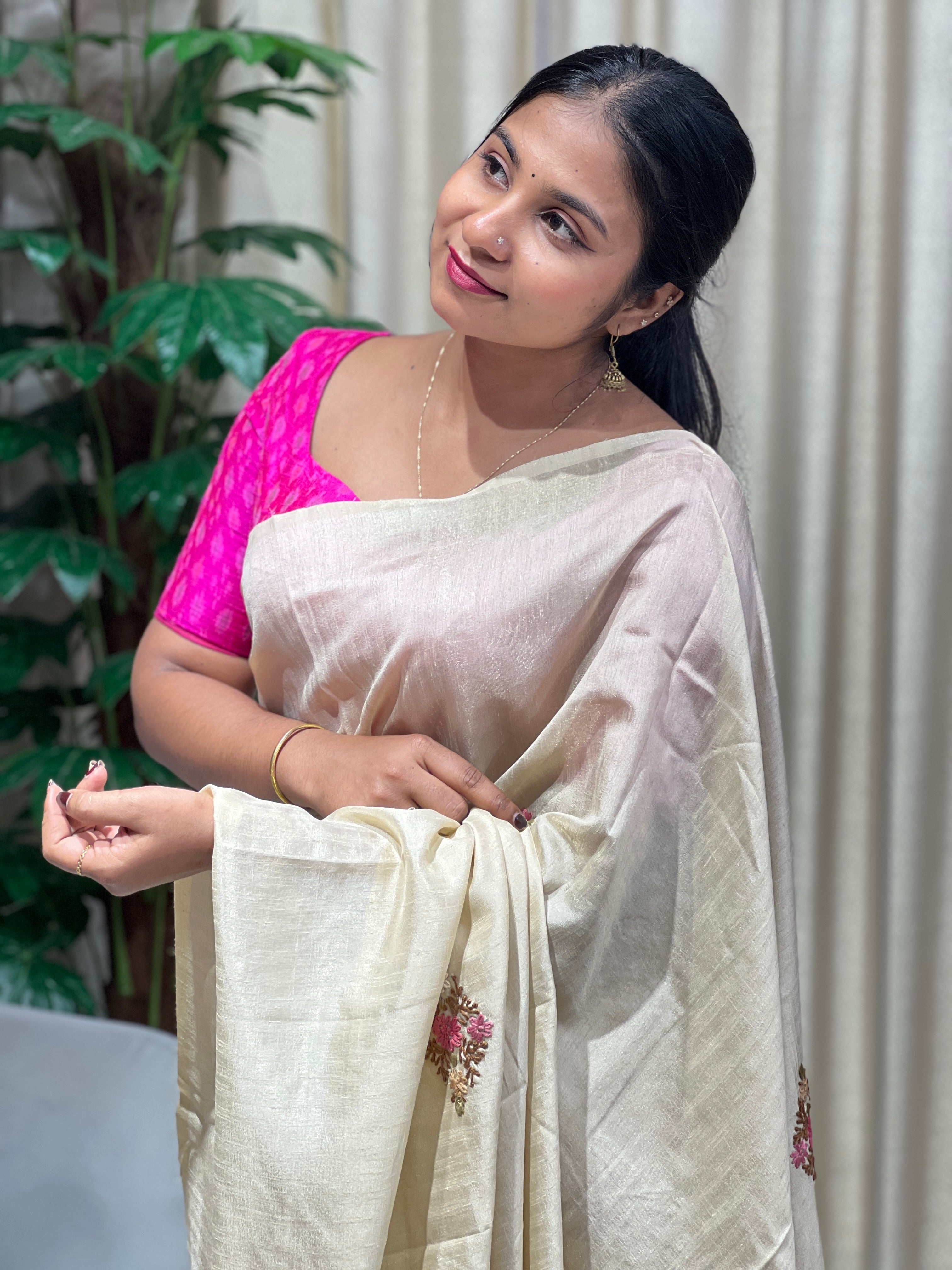 Floral Hand Embroidery Detailed Semi Tussar Saree | BLD1780