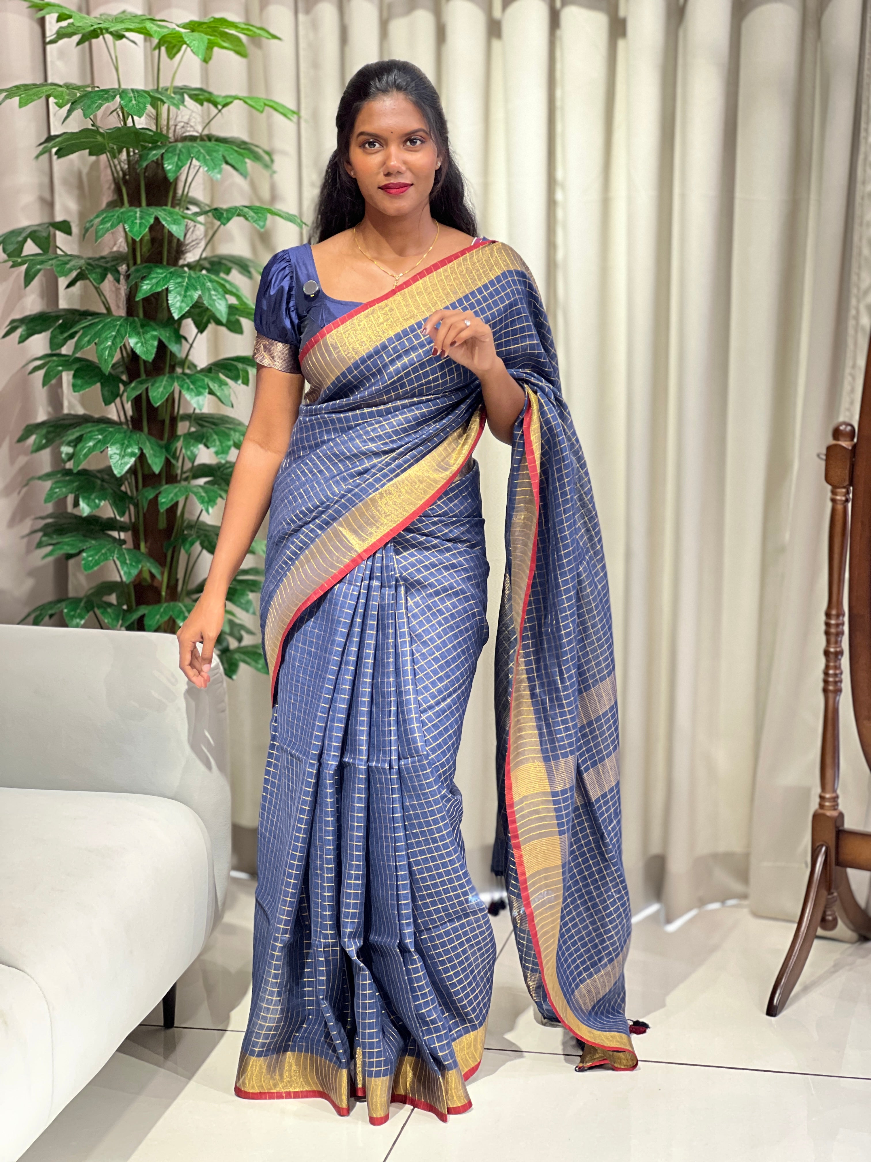 Check Weaved Semi Linen Saree | EVA101