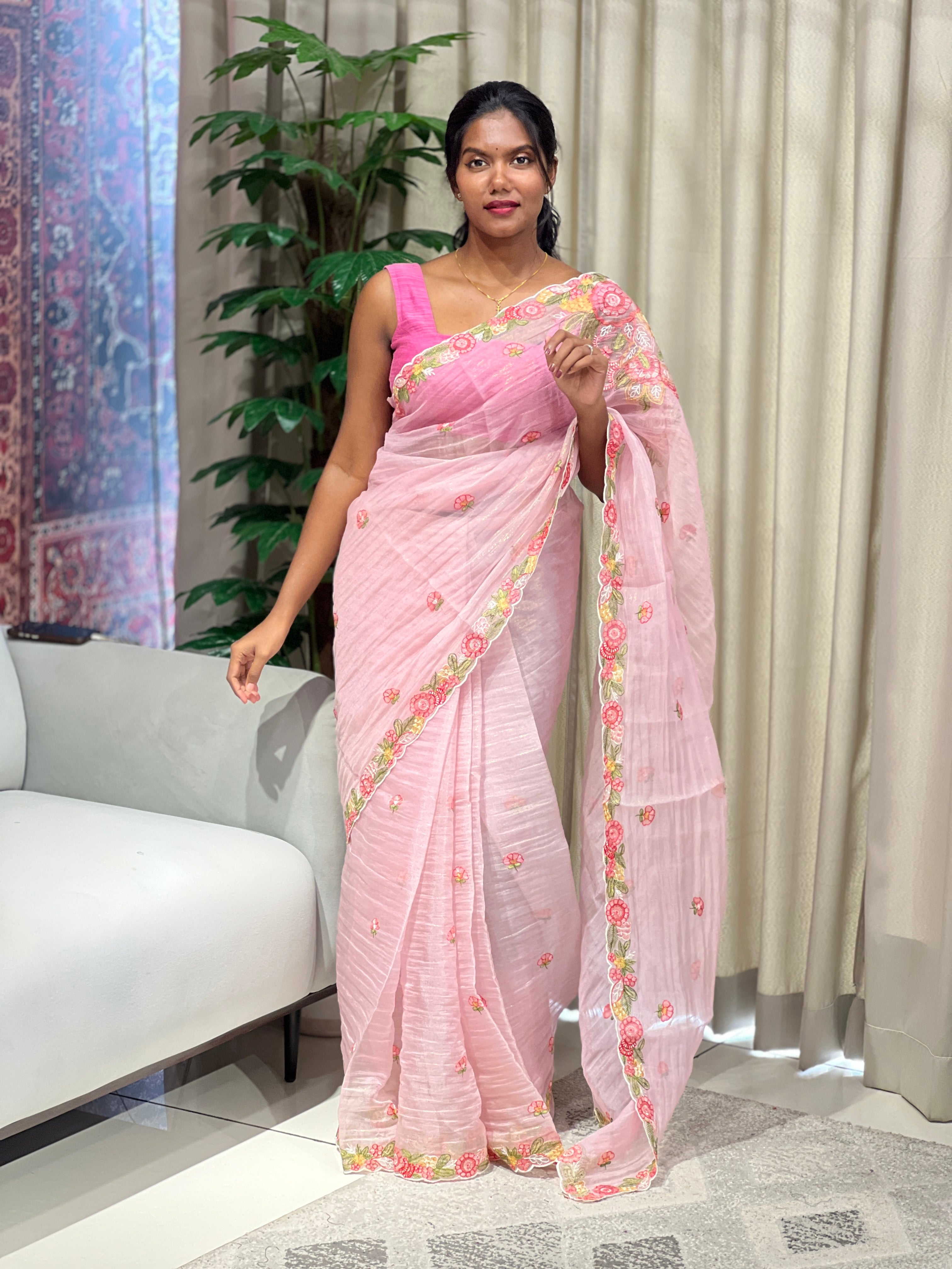 Floral Machine Embroidery Detailed Shimmer Organza Saree | BLD1806