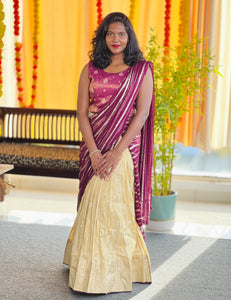 Golden Zari Weaved Stitched Semi Silk Dhavani Set | HT250