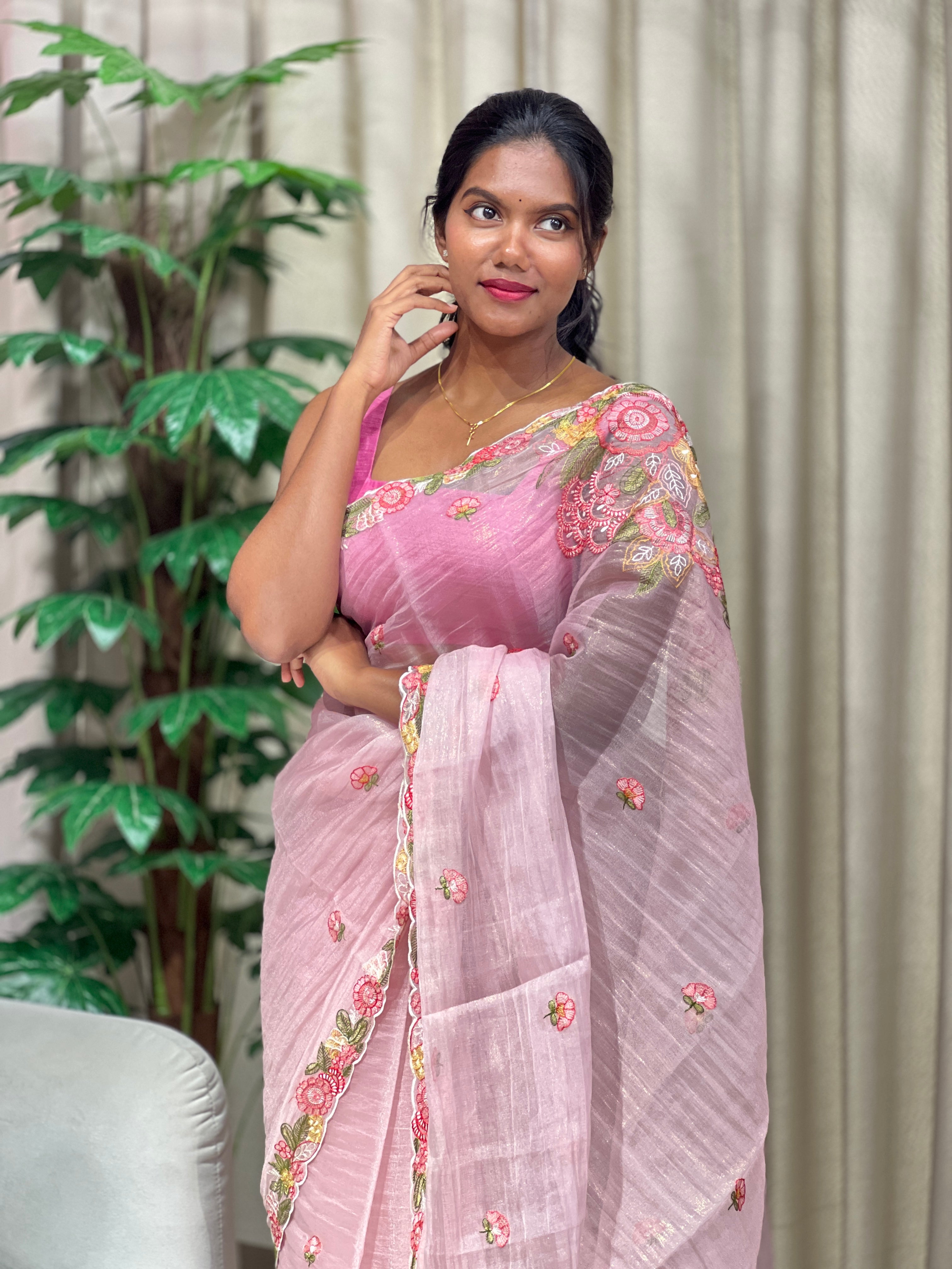 Floral Machine Embroidery Detailed Shimmer Organza Saree | BLD1806