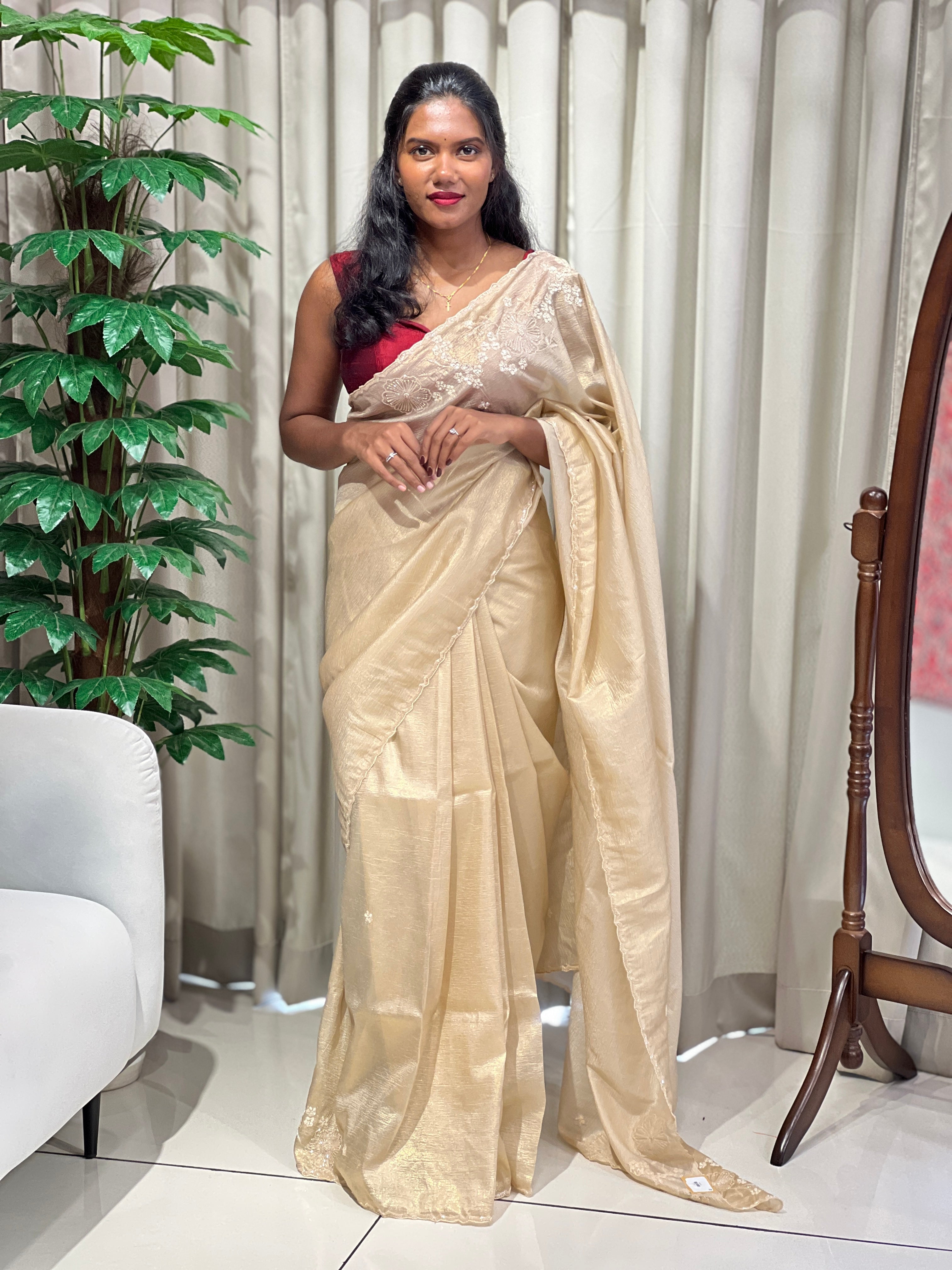 Floral Machine Embroidery Crushed Tissue Organza Saree | SGS151