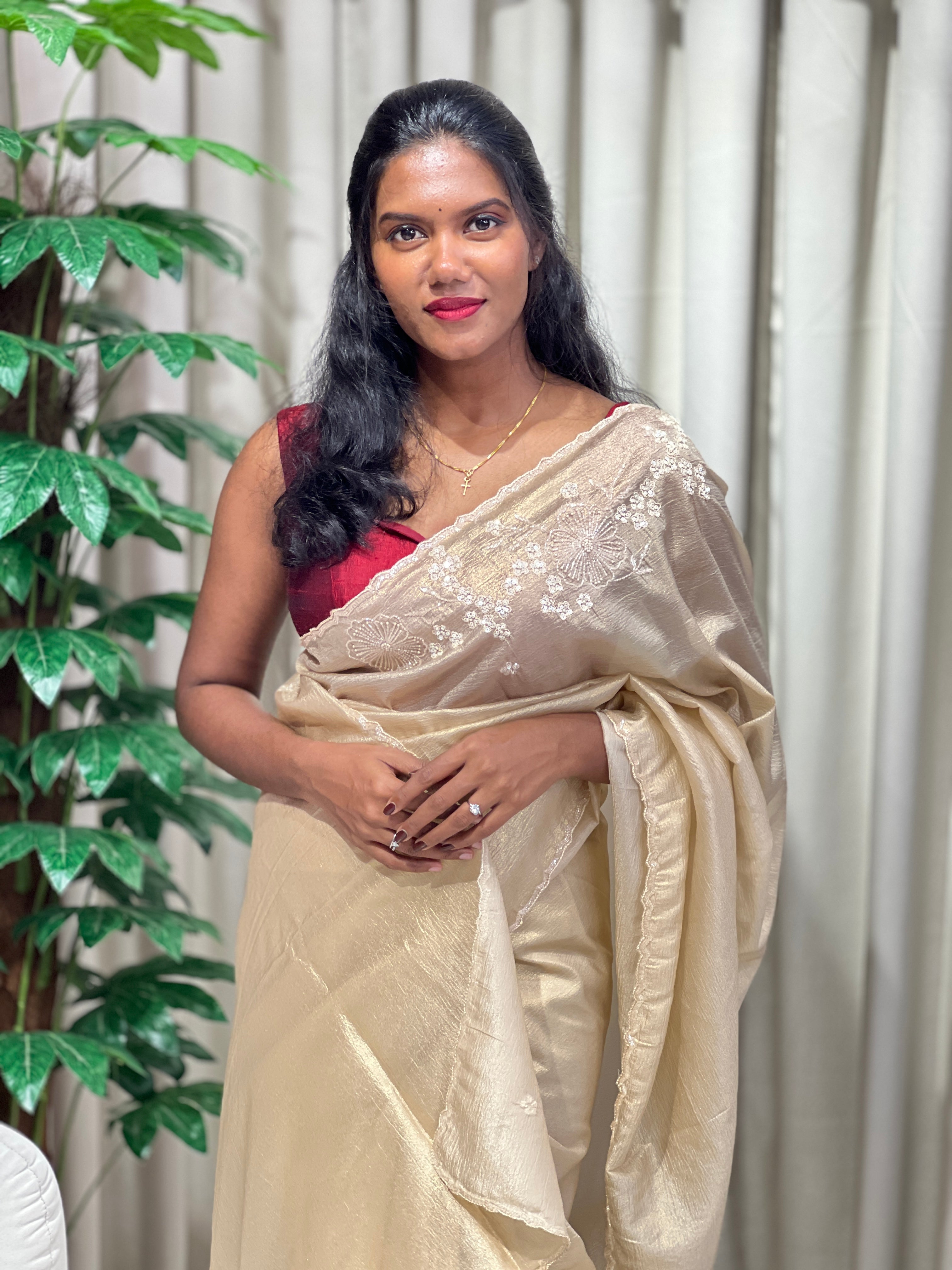 Floral Machine Embroidery Crushed Tissue Organza Saree | SGS151