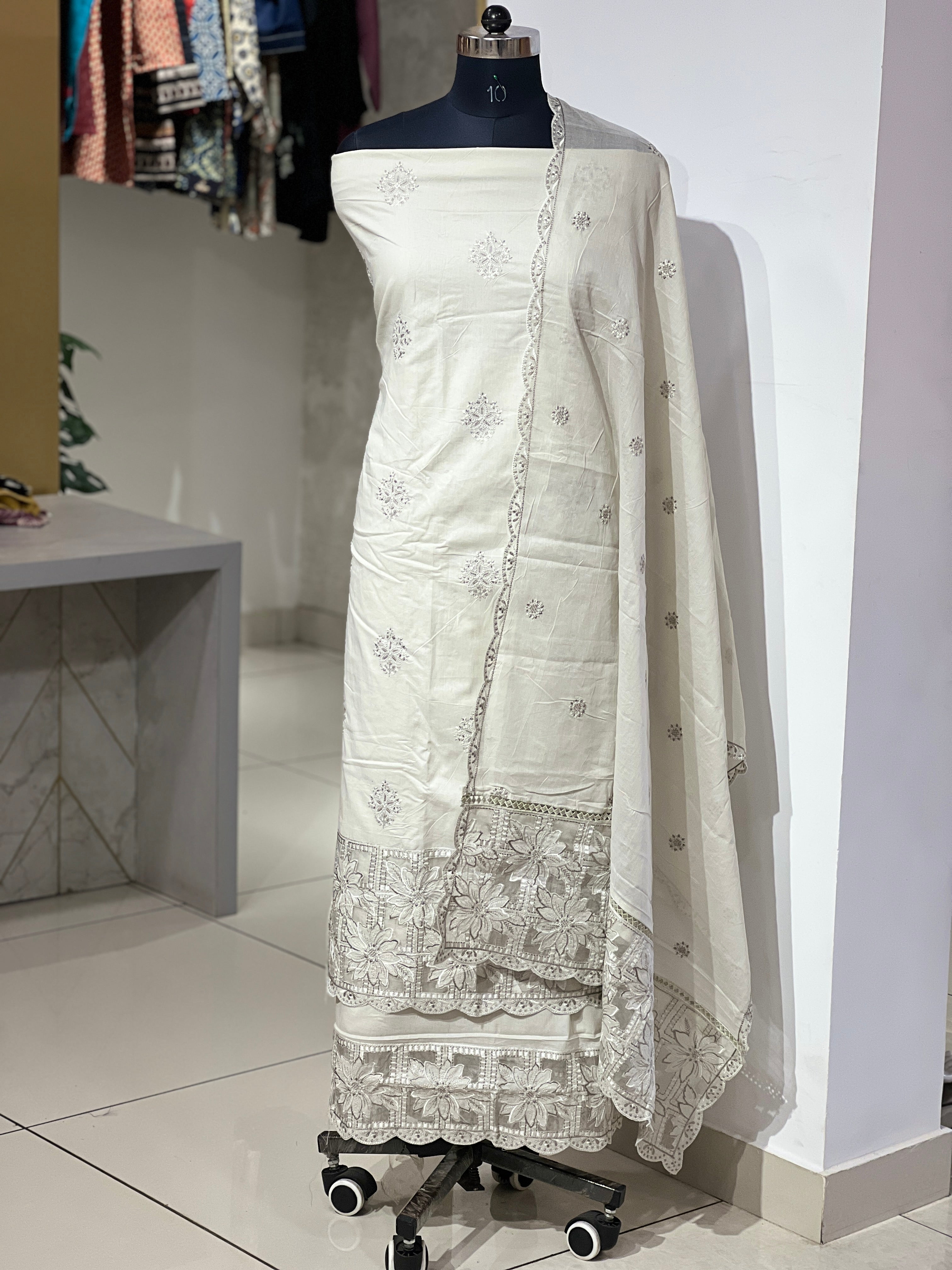 Floral Embroidery Applique Work Detailed Cambric Cotton Salwar Set | GE121