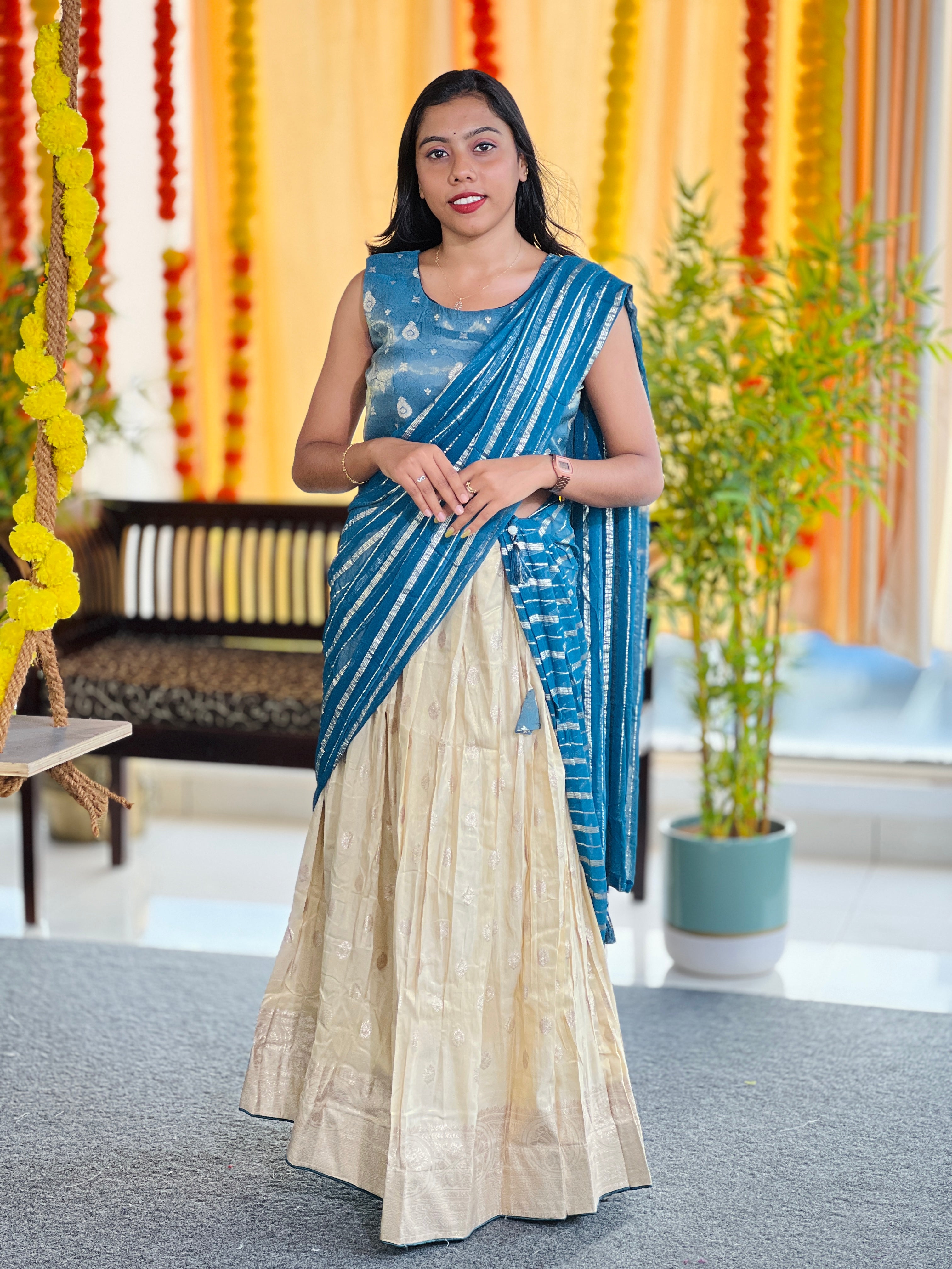 Golden Zari Weaved Stitched Semi Silk Dhavani Set | HT247