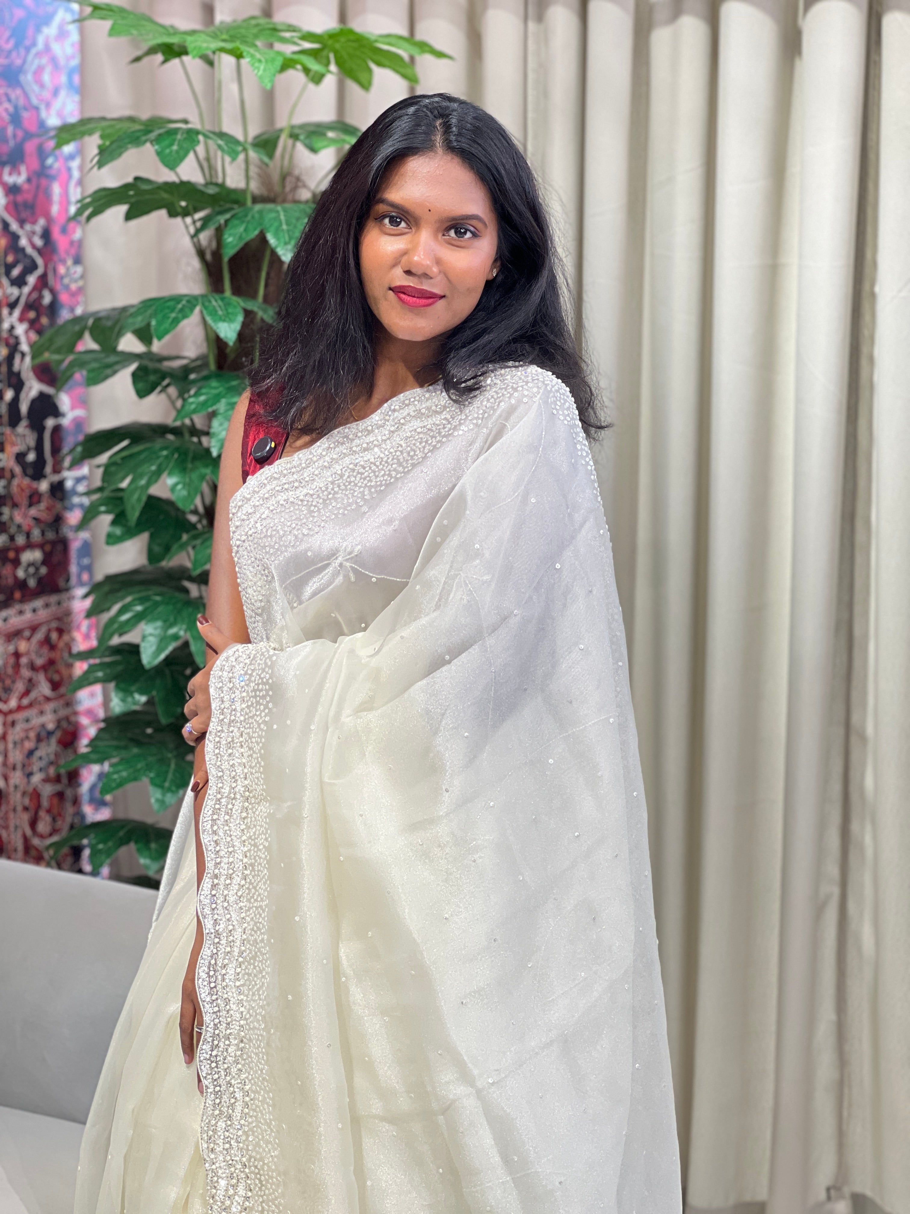 Sequins & Beads Worked Pure Shimmer Organza Saree | SGS140