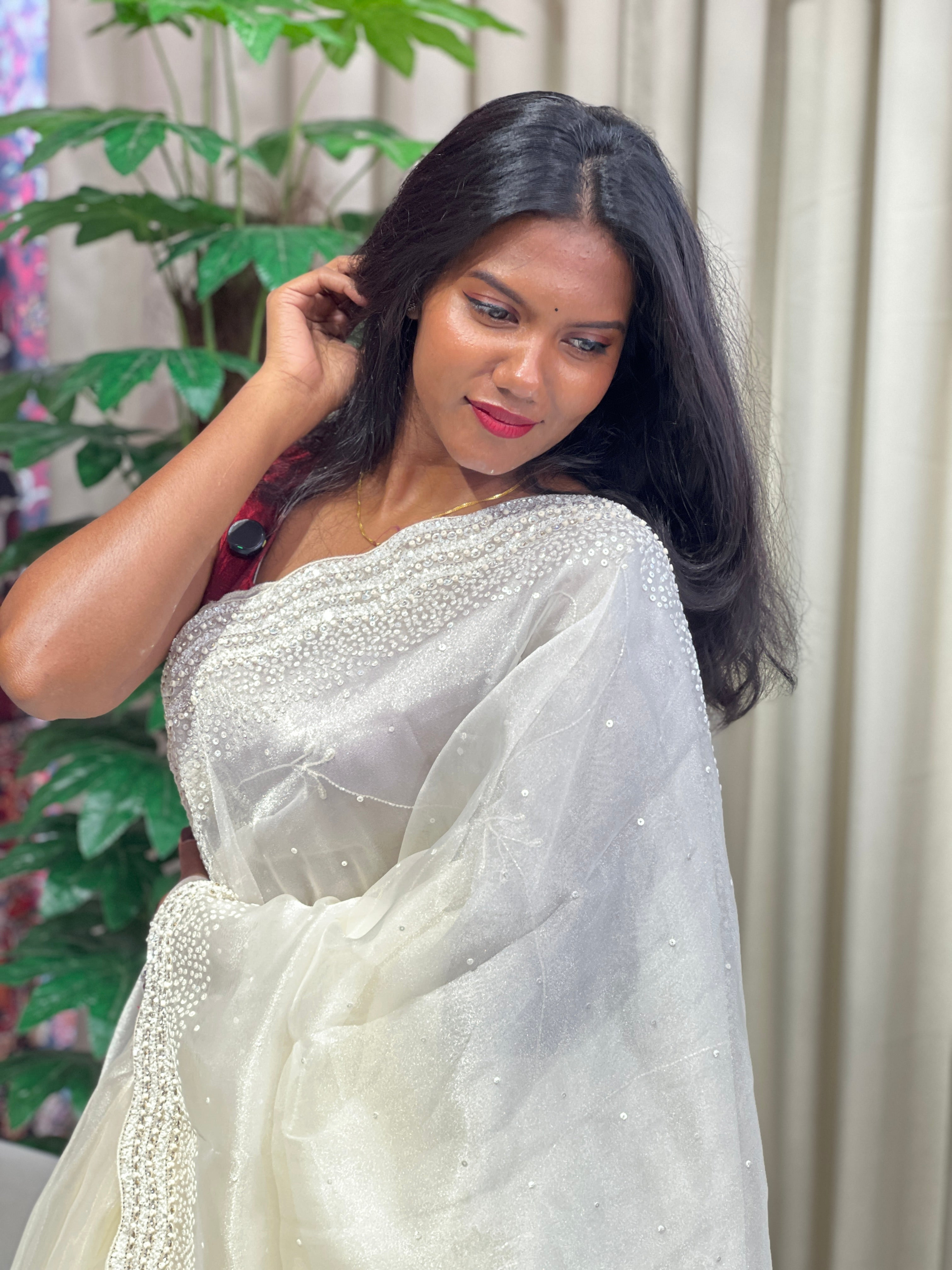 Sequins & Beads Worked Pure Shimmer Organza Saree | SGS140