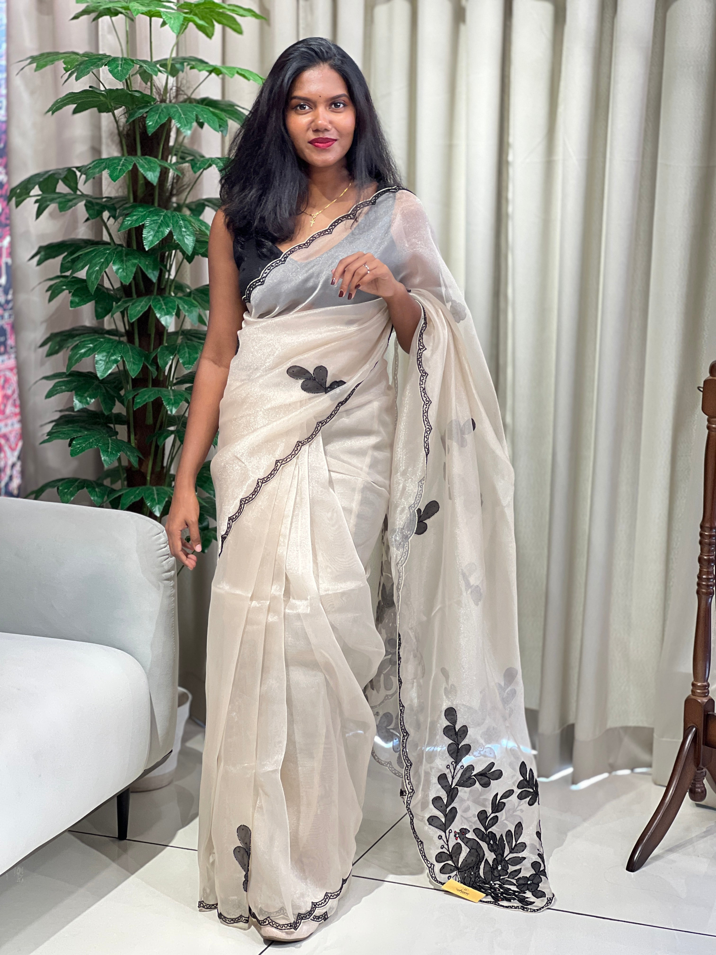 Applique With Beads & sequins Detailed Shimmer Organza Saree | SGS136