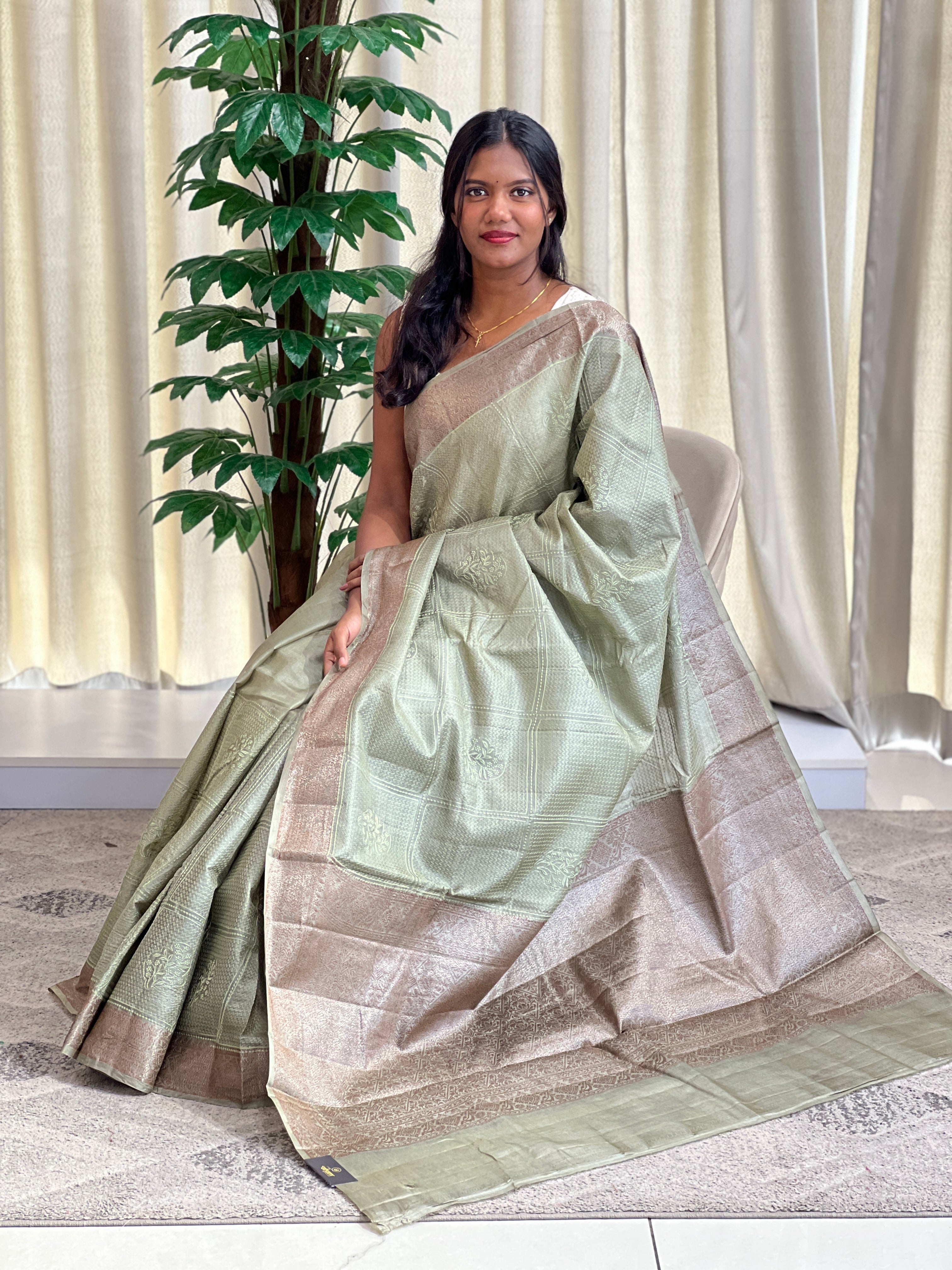 Check Patterned Embroidered Tussar Saree | ZSS105
