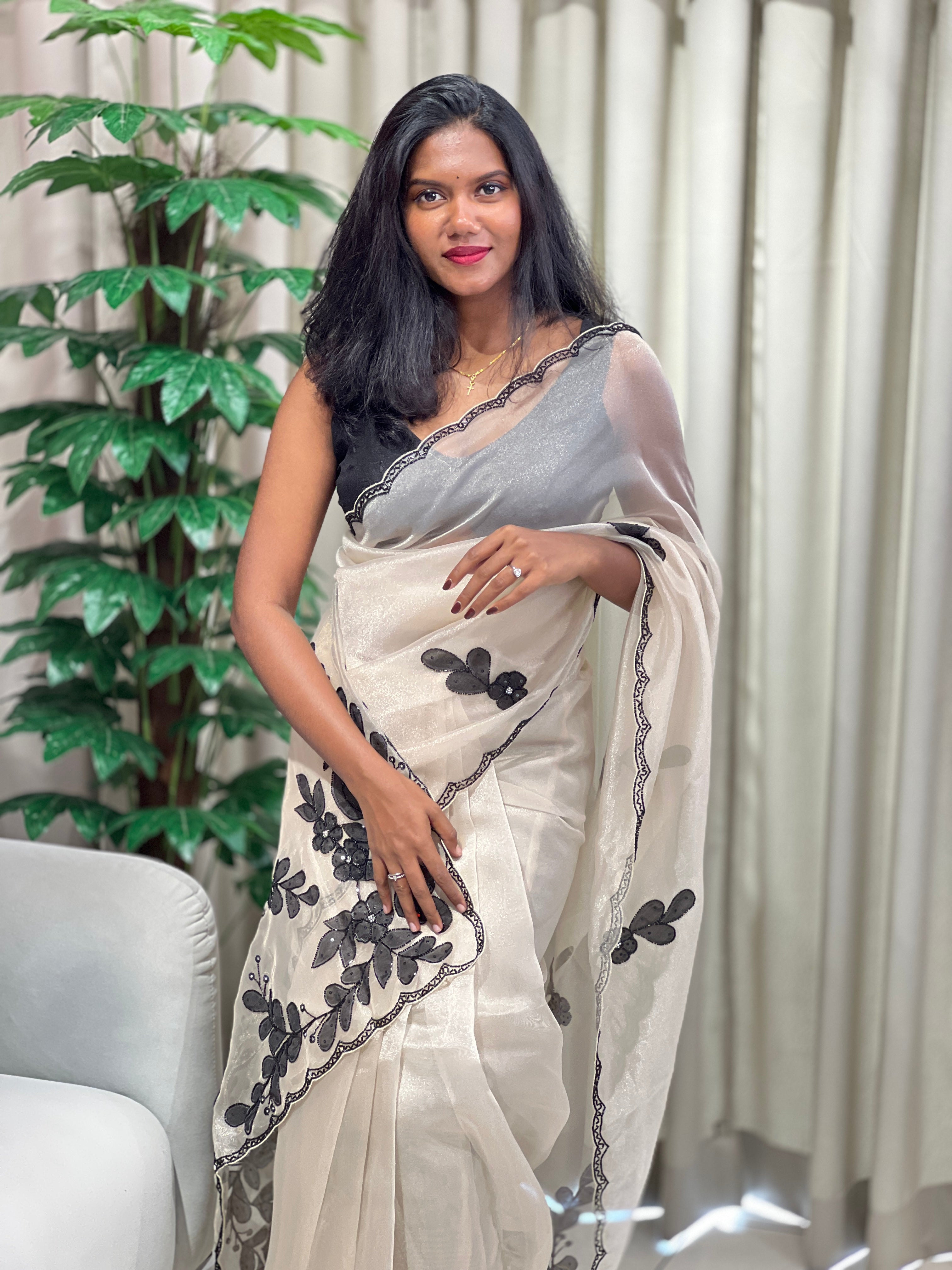 Applique With Beads & sequins Detailed Shimmer Organza Saree | SGS136